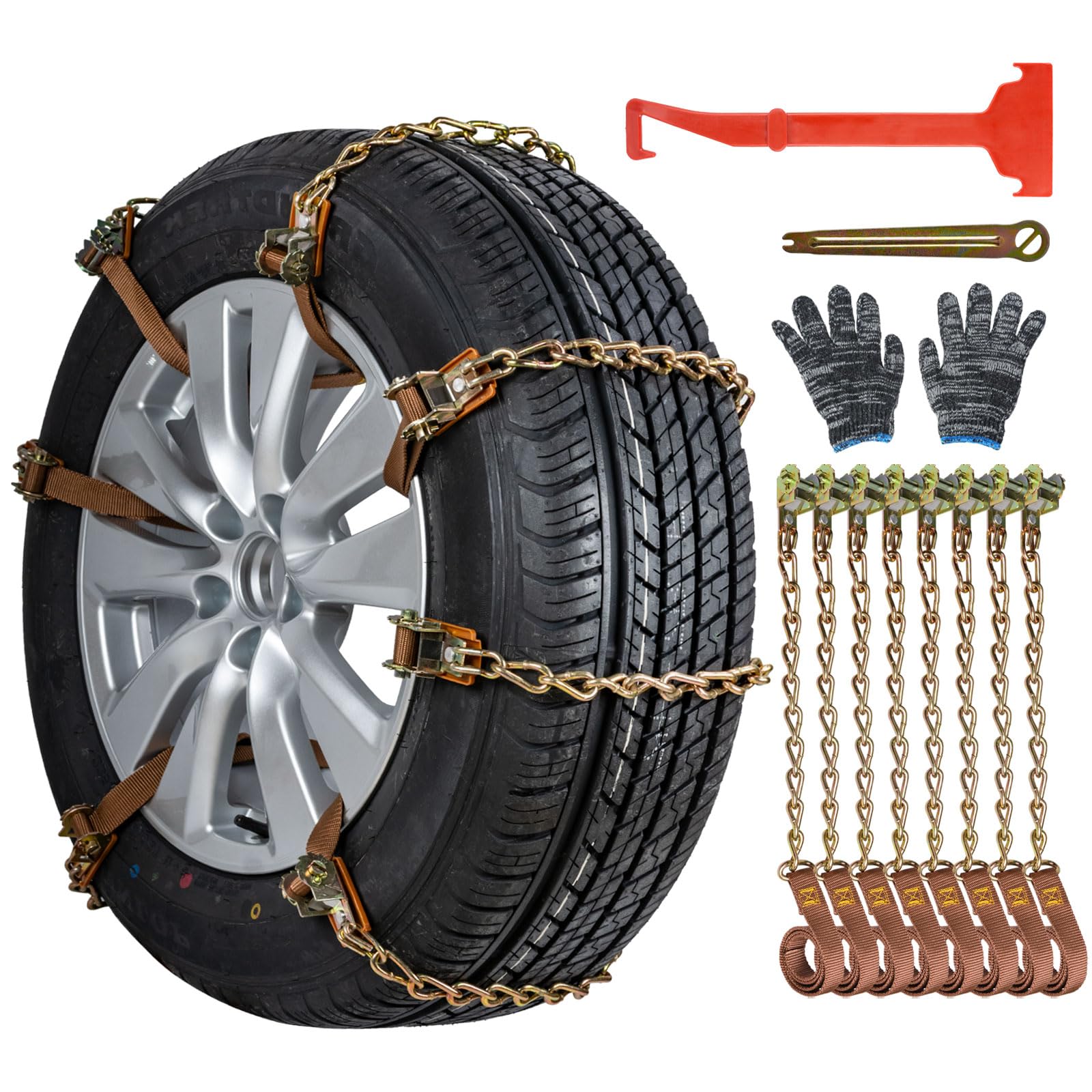 Oziral Car Tire Snow Chains 8 Pieces Universal Stainless Steel Snow Chains Set Anti-skid Emergency Snow Tyre Chains Adjustable Tire Wheel Traction Chains for TPU Vans Truck SUV Car Easy to Mount