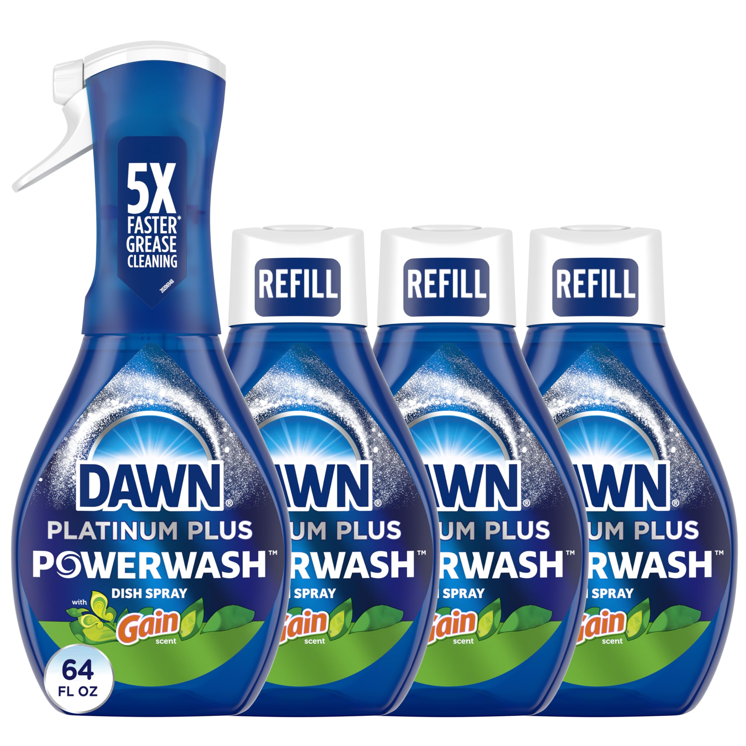 DawnPowerwash Gain Original Dish Spray, Liquid Dish Soap, Dish Soap Refill, , 1 Starter Kit + 3 Refills, 64 Fl Oz