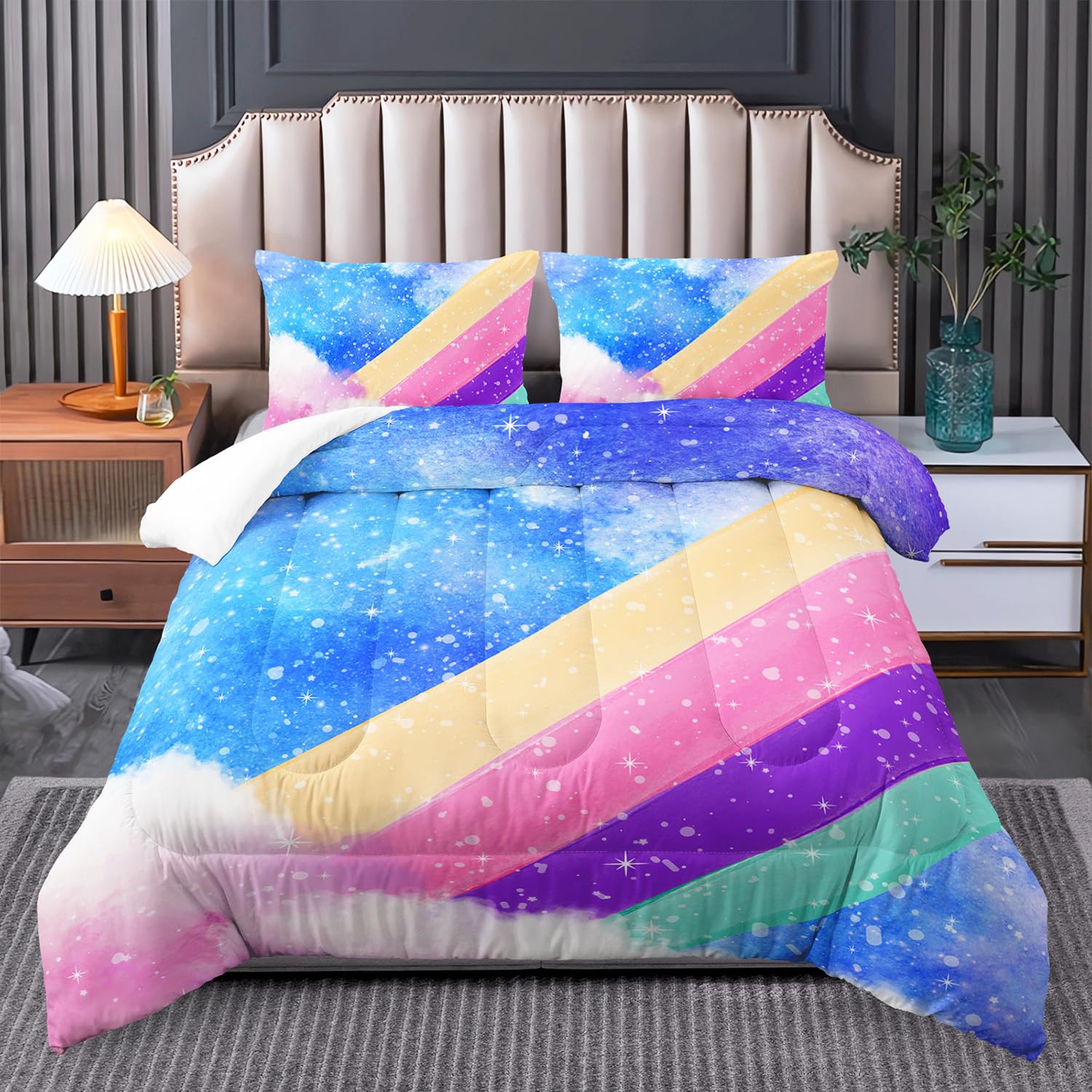 Nttopship 3 Piece Rainbow Twin Size Comforter Set for Teen Girls Adults,Stars Soft Bedding Sets All Season,Blue Space Quilt Set Season Alternative Down Bedding with 2 Pillowcase,68x88 Inches