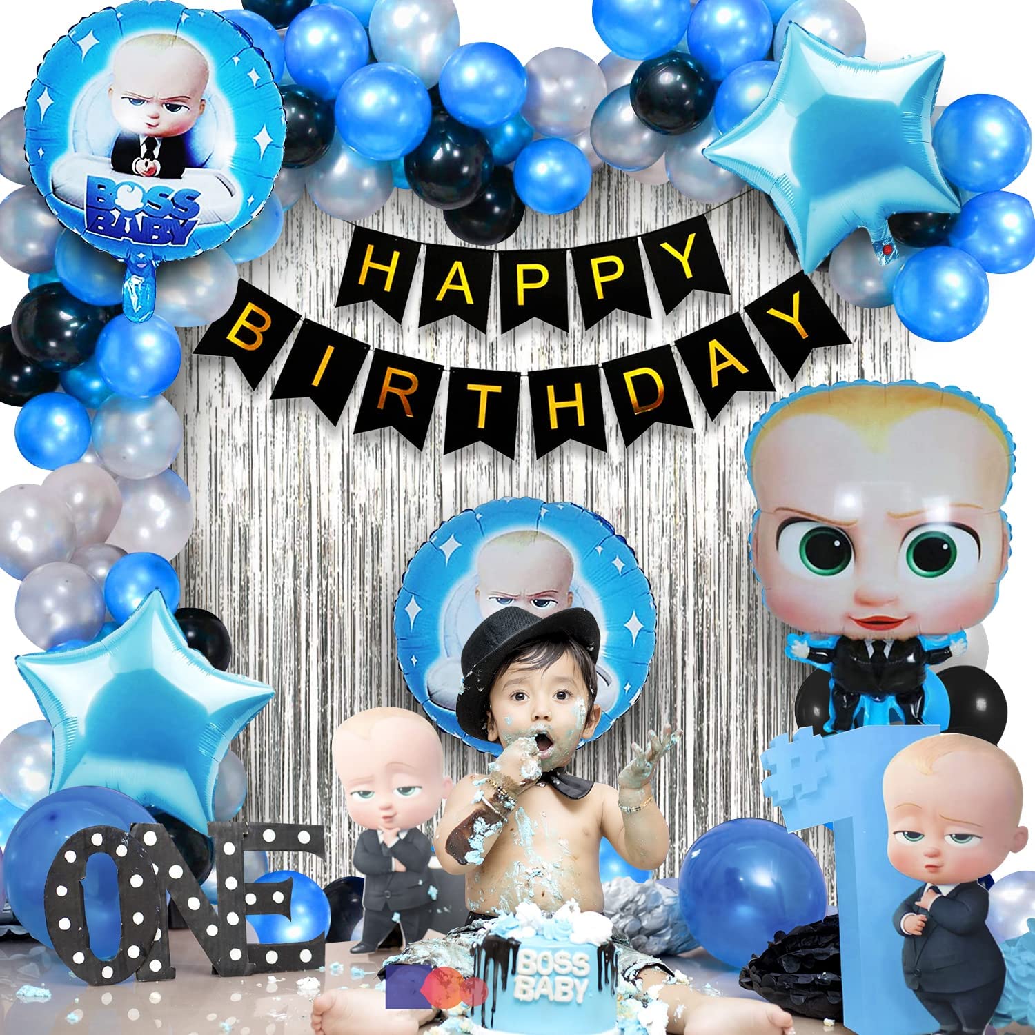 Amazing Xperience Boss Baby Theme Birthday Party Decoration Item Kit Combo Set For Boys Girl Black Golden Silver Blue Star Balloon Banner Foil Curtain (Set Of 55 Pcs)