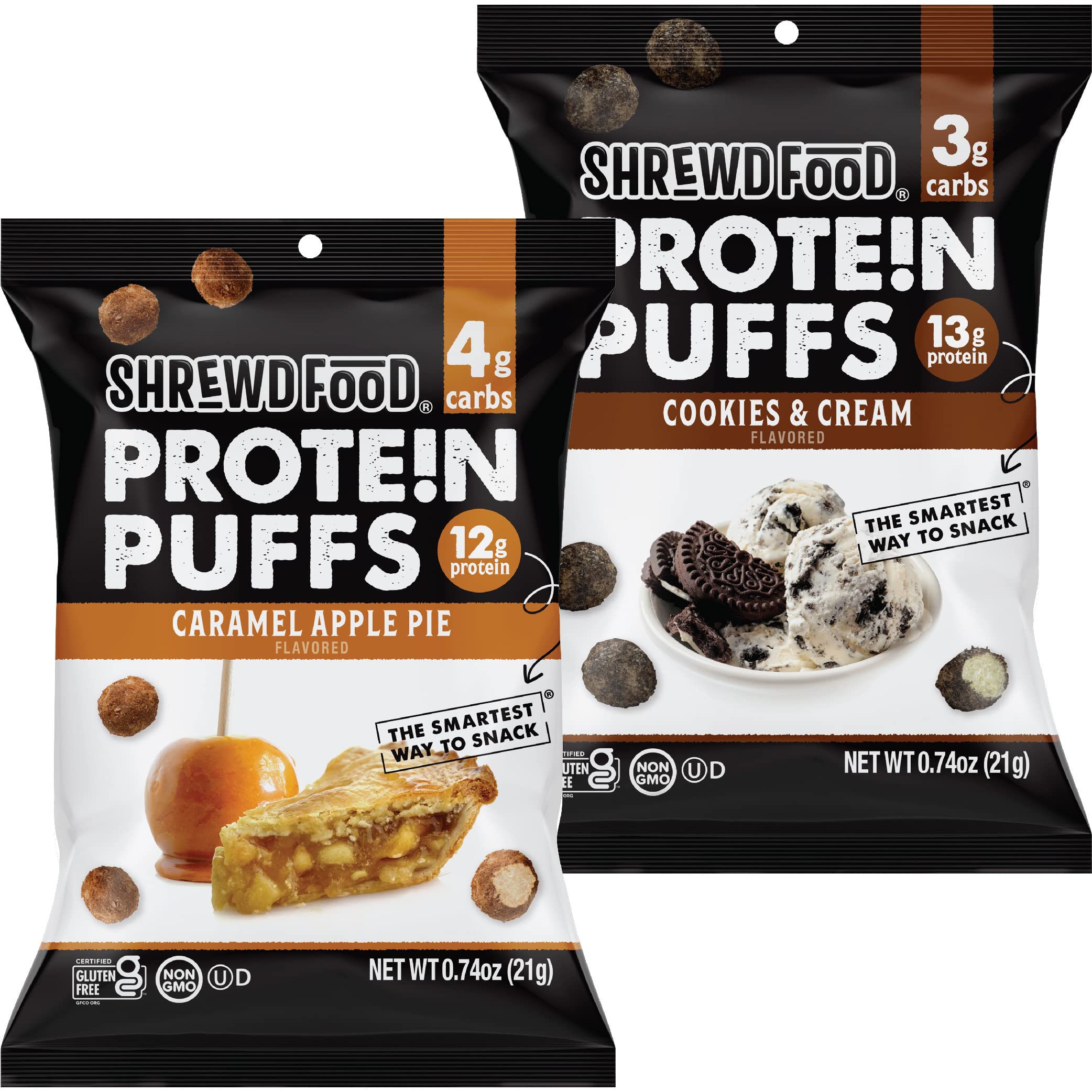 Shrewd Food Protein Puffs - Sweet and Crispy Dessert Puffs, Low Carb High Protein Cereal Snack, Peanut Free, Gluten Free, 12g Protein - Caramel Apple Pie & Cookies and Cream, 0.74 Oz (Pack of 8)