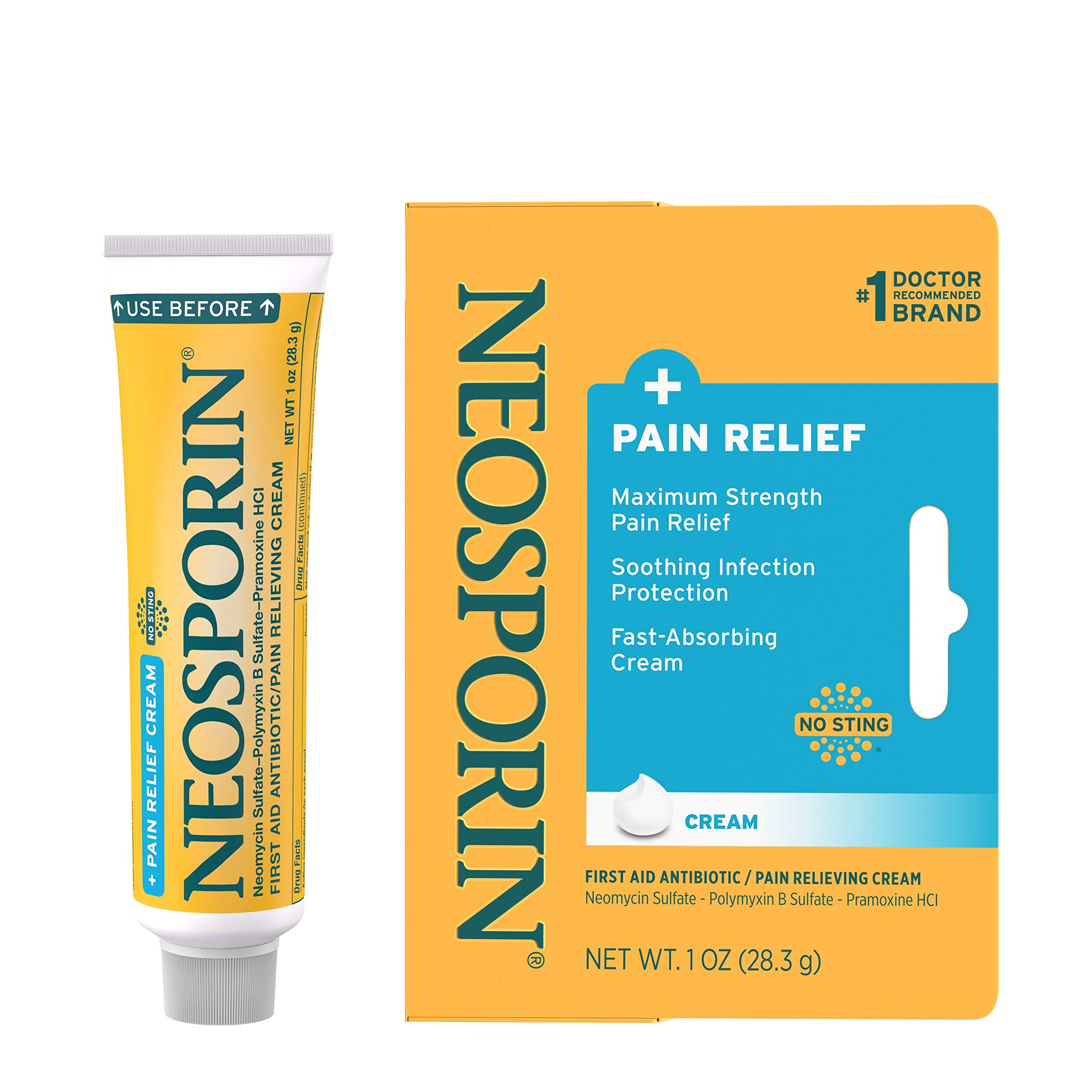 NeosporinMaximum-Strength Pain Relief Dual Action Cream, First Aid Topical Antibiotic & Analgesic Cream for Wound Care of Minor Cuts, Scrapes & Burns, Polymyxin B & Pramoxine HCl, 1 oz