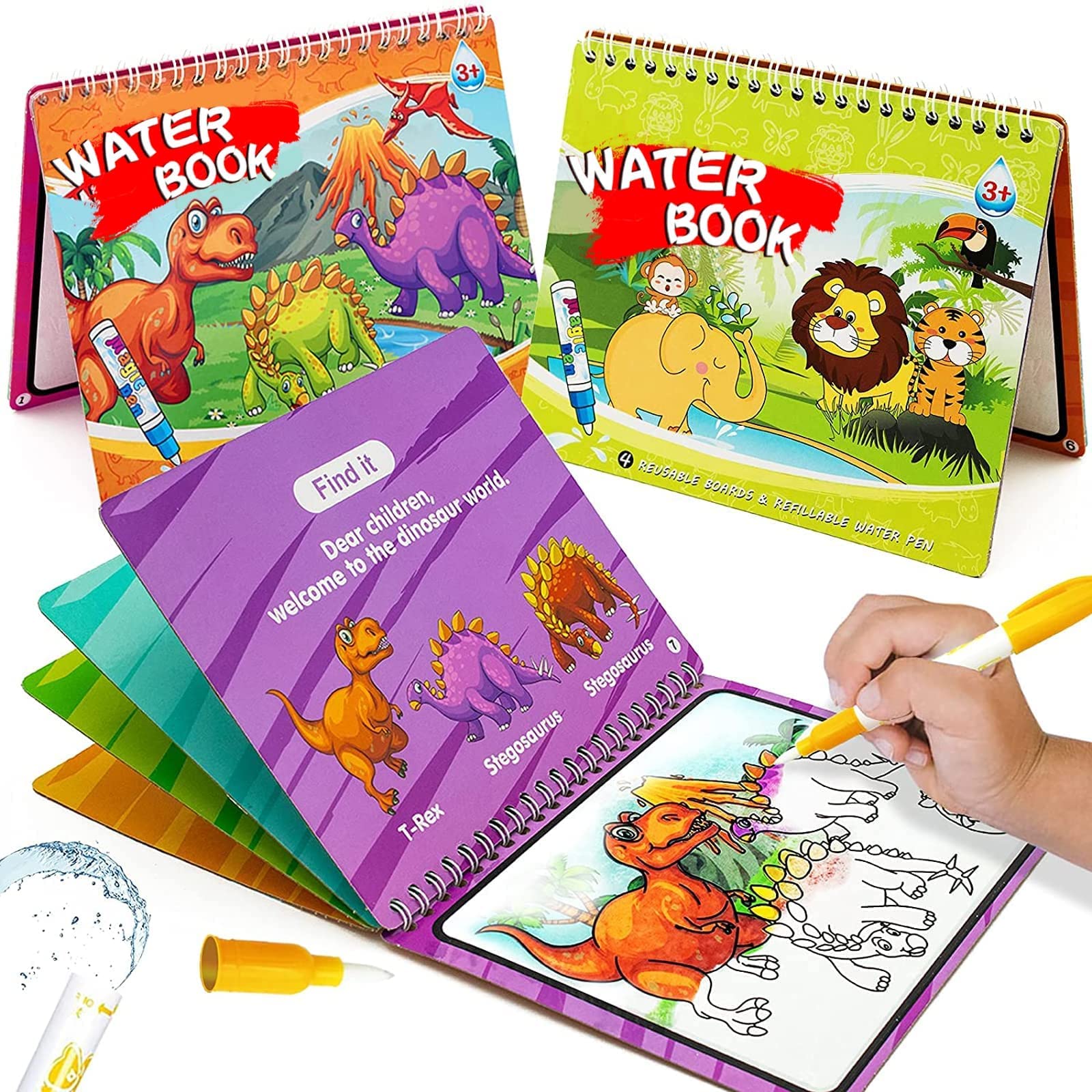 BIGTHREE Magic Water Paint Coloring Books, Travel Coloring Book Reusable, Doodling Paint with Water Pen Painting Board, Educational Learning Doodle Toy Gifts for Kids 3+ Year (Dinosaur+Animal)