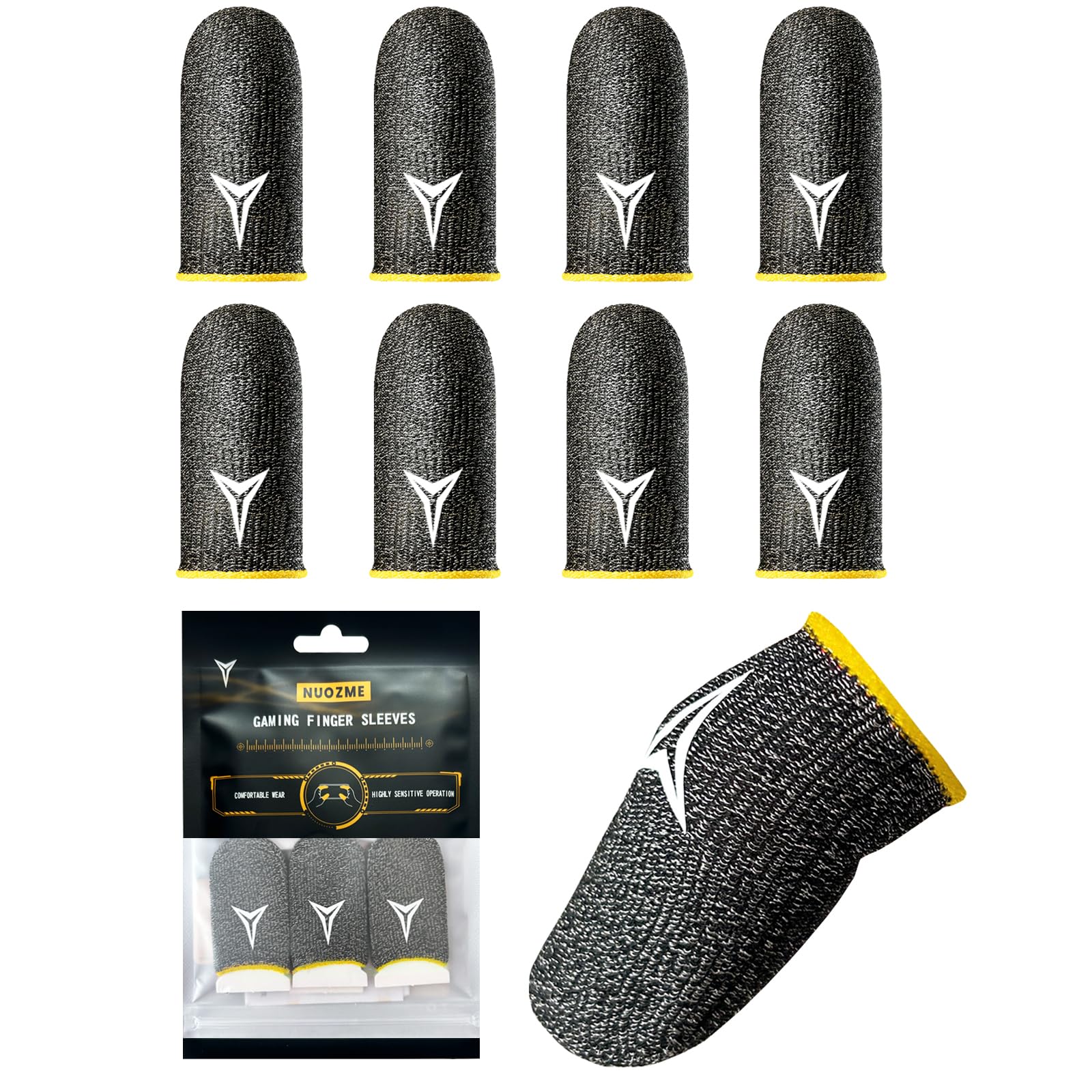 Nuozme 8 Pack Gaming Finger Sleeves for Mobile Gaming, 0.3mm Silver Fiber, Smooth Operation, Anti-Sweat, Extremely Thin, Finger Sleeves Compatible with Mobile Phone Tablet Devices (Yellow)