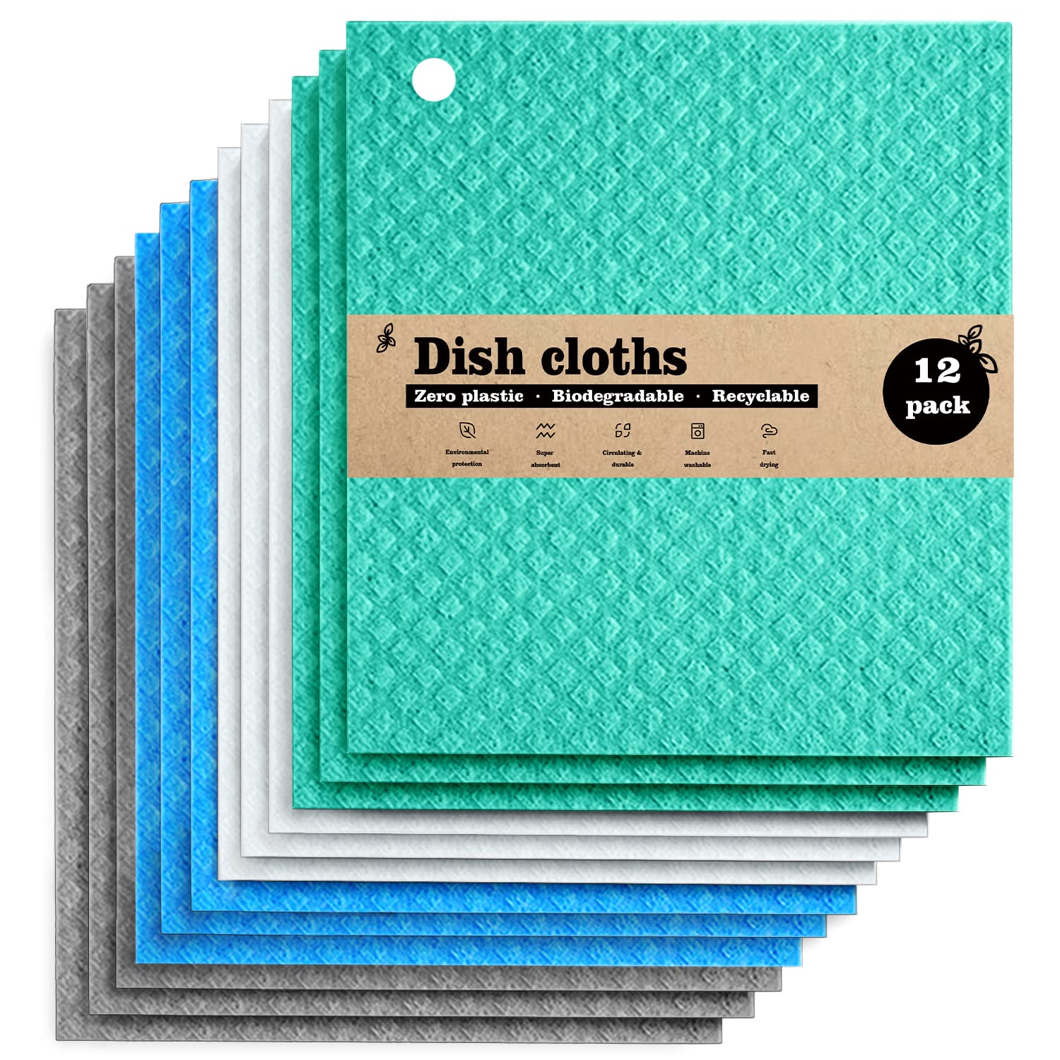 Swedish Dishcloths -（12 Pack Reusable ,Multi Colors ） or Kitchen, Counters & Washing Dishes，Superabsorbent Dishcloth，Cellulose Sponge Cloth，Eco Friendly Gifts