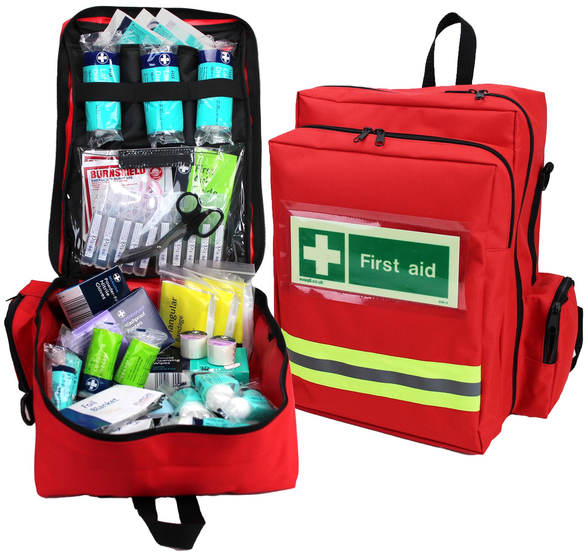 EVAQ8First Response First Aid Kit in Red Rucksack British Standard Compliant UK Assembled