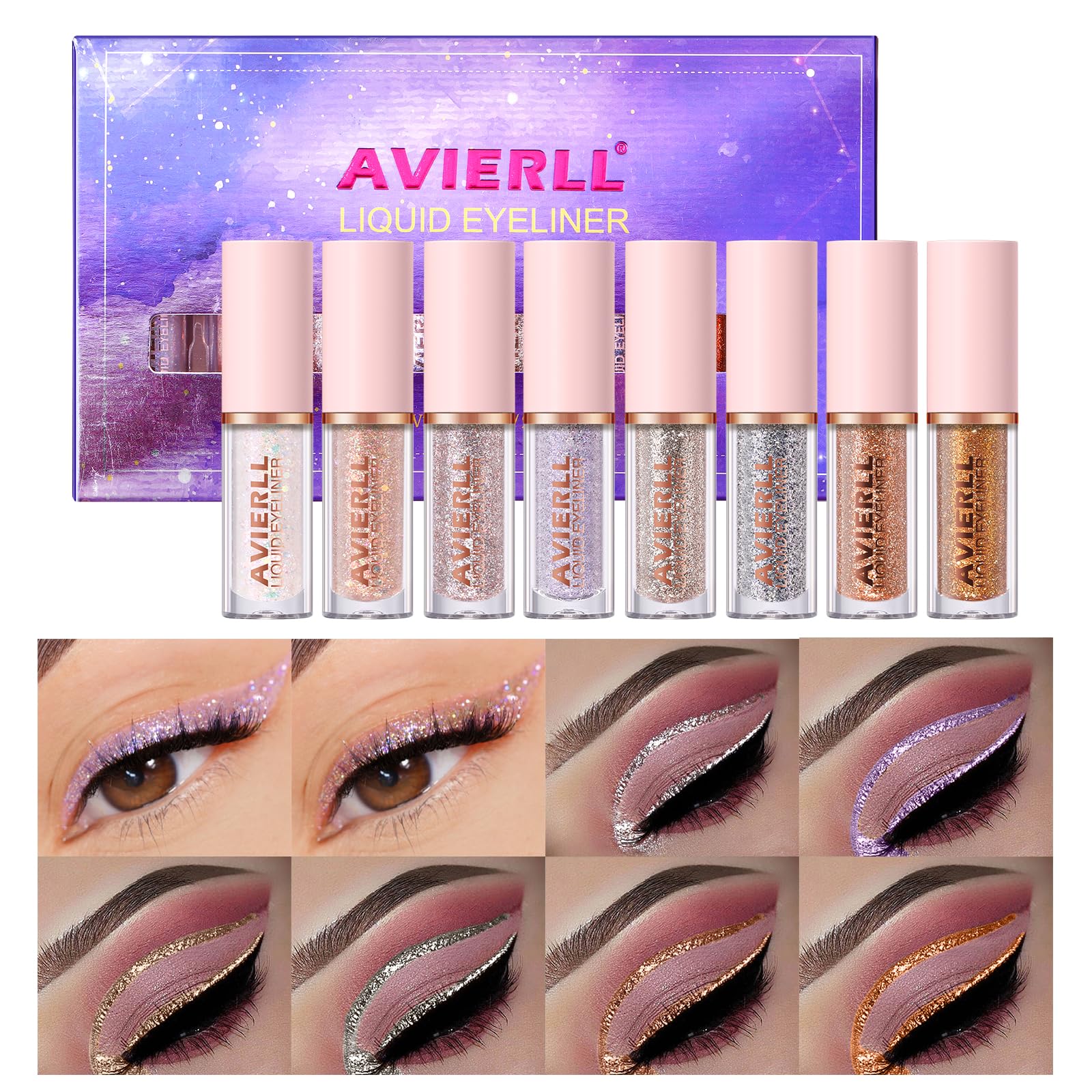 AVIERLL Glitter Eyeliner Set Long-Lasting Shiny Waterproof Colored Eyeliner, Easy to Color Eyeliner Without Smudging Fast-Drying Long-Lasting Eye Makeup（8-Colors）