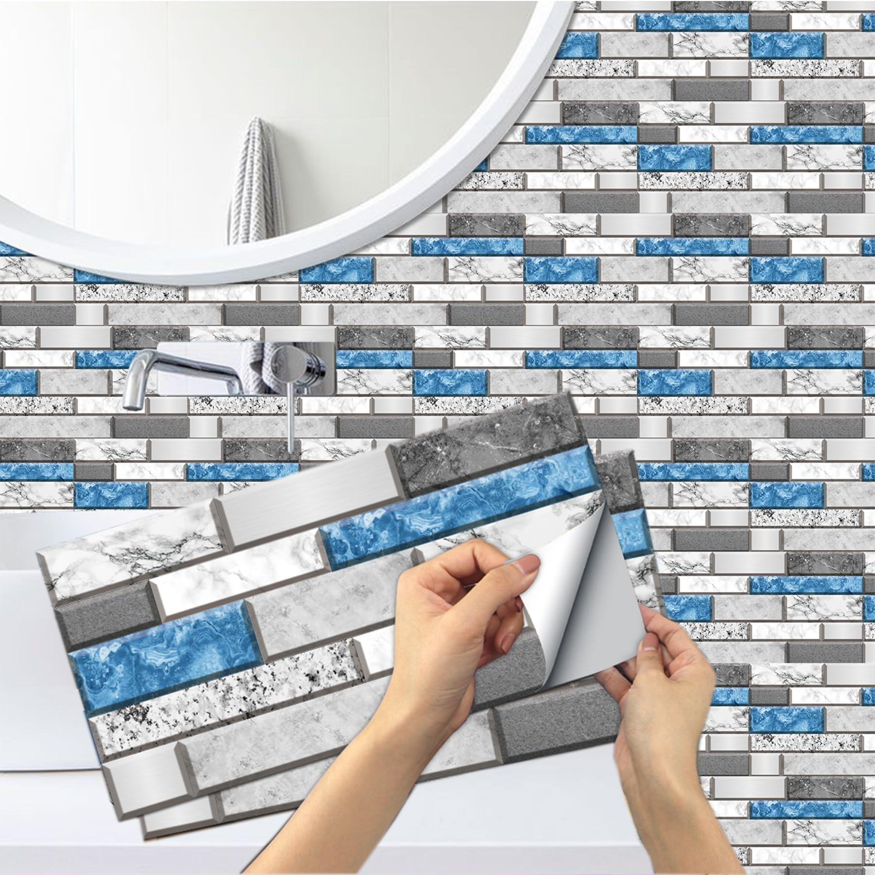 12 Sheets Tile Stickers for Bathroom, BYLife Self Adhesive Wall Tiles Waterproof Stick on Tile 15x30cm Transfers Stickers Subway Tiles for Kitchen Home Decor DIY