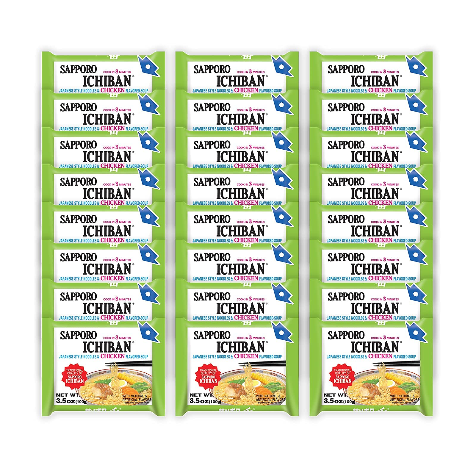 [SAPPORO ICHIBAN] Ramen Noodles, Chicken Flavor, No. 1 Tasting Japanese Instant Noodles (3.5 Oz./ 99.2 g) | 24 Pack