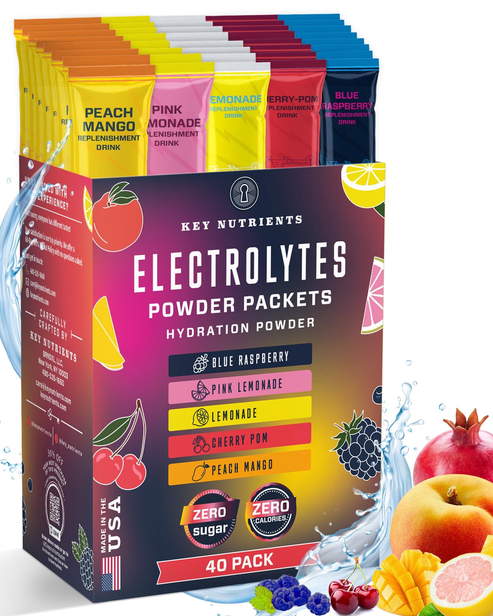 KEY NUTRIENTS40 Pack Multivitamin Hydration Packets for Recovery - 5 Delicious Flavors - Electrolytes Powder Packets No Sugar - No Calories, Gluten Free, Keto - 40 Servings - Made in USA