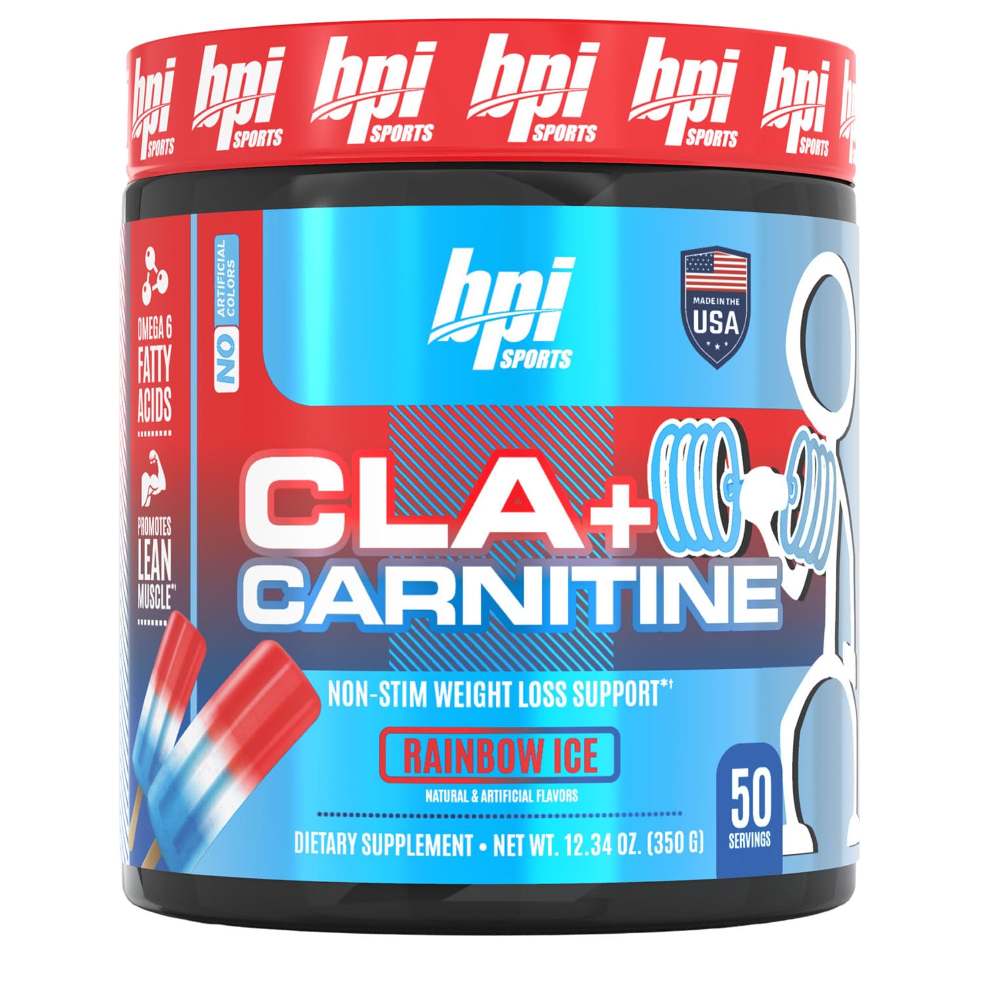 BPI Sports CLA + Carnitine – Conjugated Linoleic Acid – Performance, Lean Muscle – Caffeine Free – For Men & Women – Rainbow Ice – 50 servings – 12.34 Oz. (Packaging may vary)