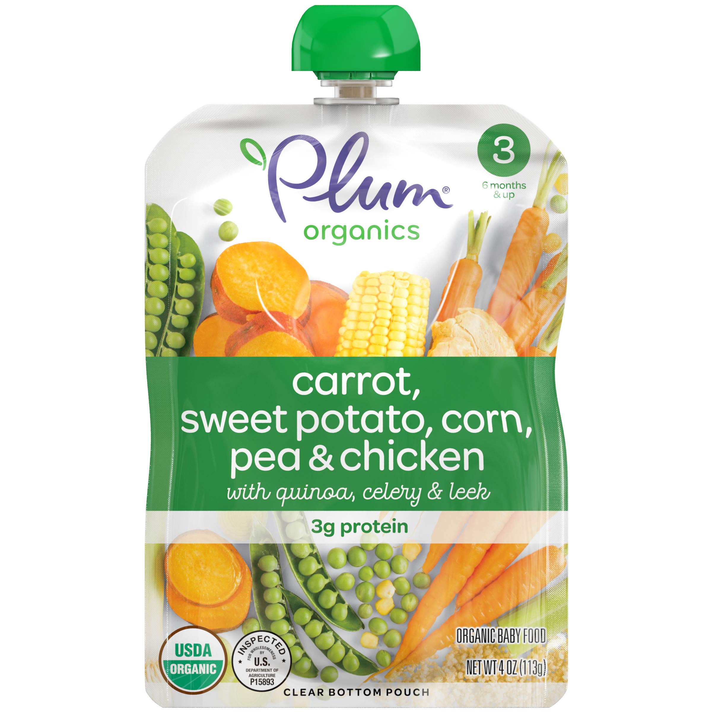 Plum Organics Stage 3, Organic Baby Food, Carrot, Sweet Potato, Corn, Pea & Chicken, 4 Ounce Pouch (Pack of 6)