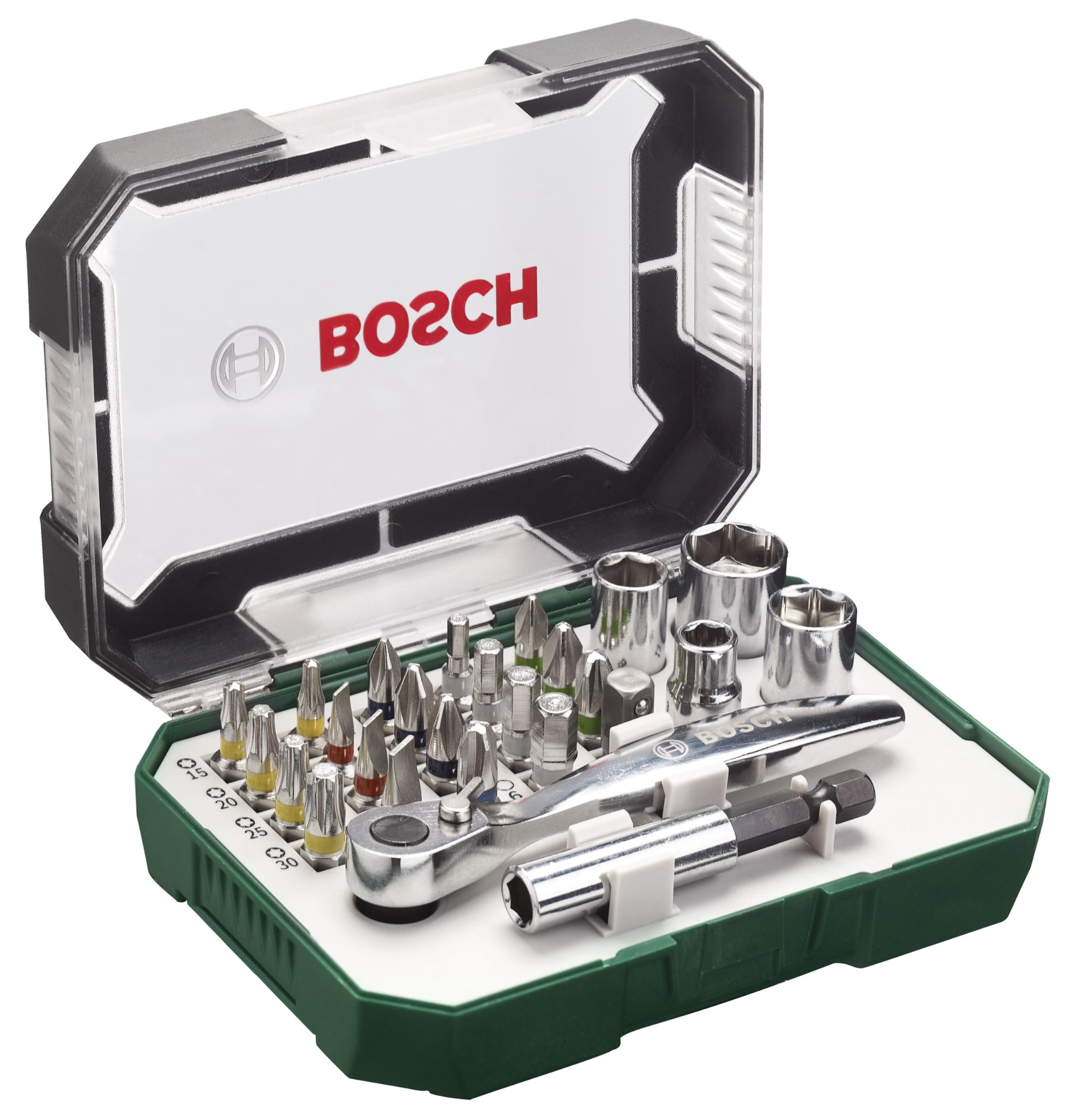 Bosch26pc. Screwdriver Bit and Ratchet Set (PH-, PZ-, Hex-, T-, S-Bit, Accessories Drill and Screwdriver)