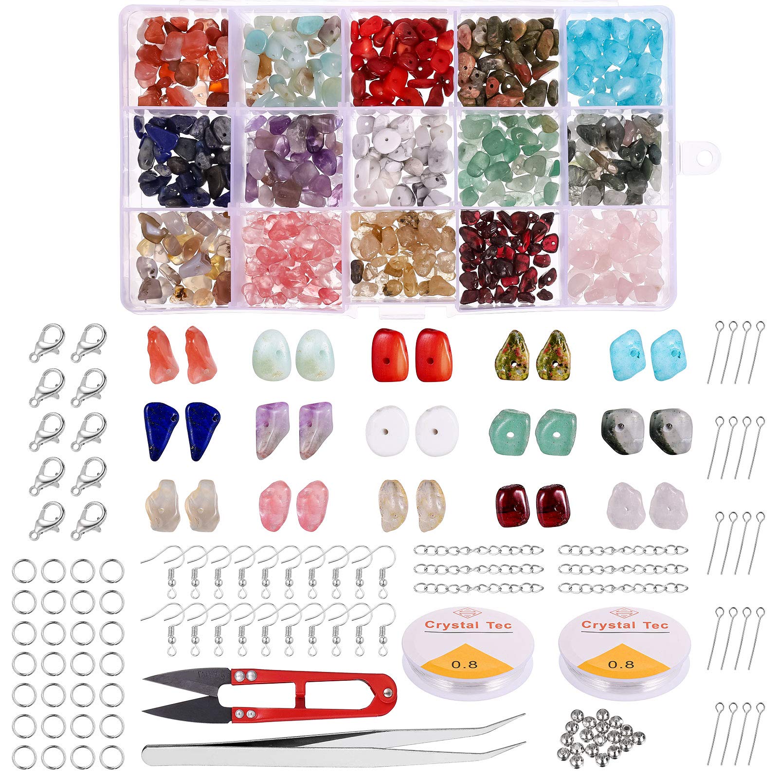 Skisneostype 15 Colors Stone Bead Making Kit Chip Gemstone Beads Making Gemstones Crystal Kit Irregular Chips Stone Beads for DIY Jewelry Necklace Bracelet Earring Making Supplies Kit