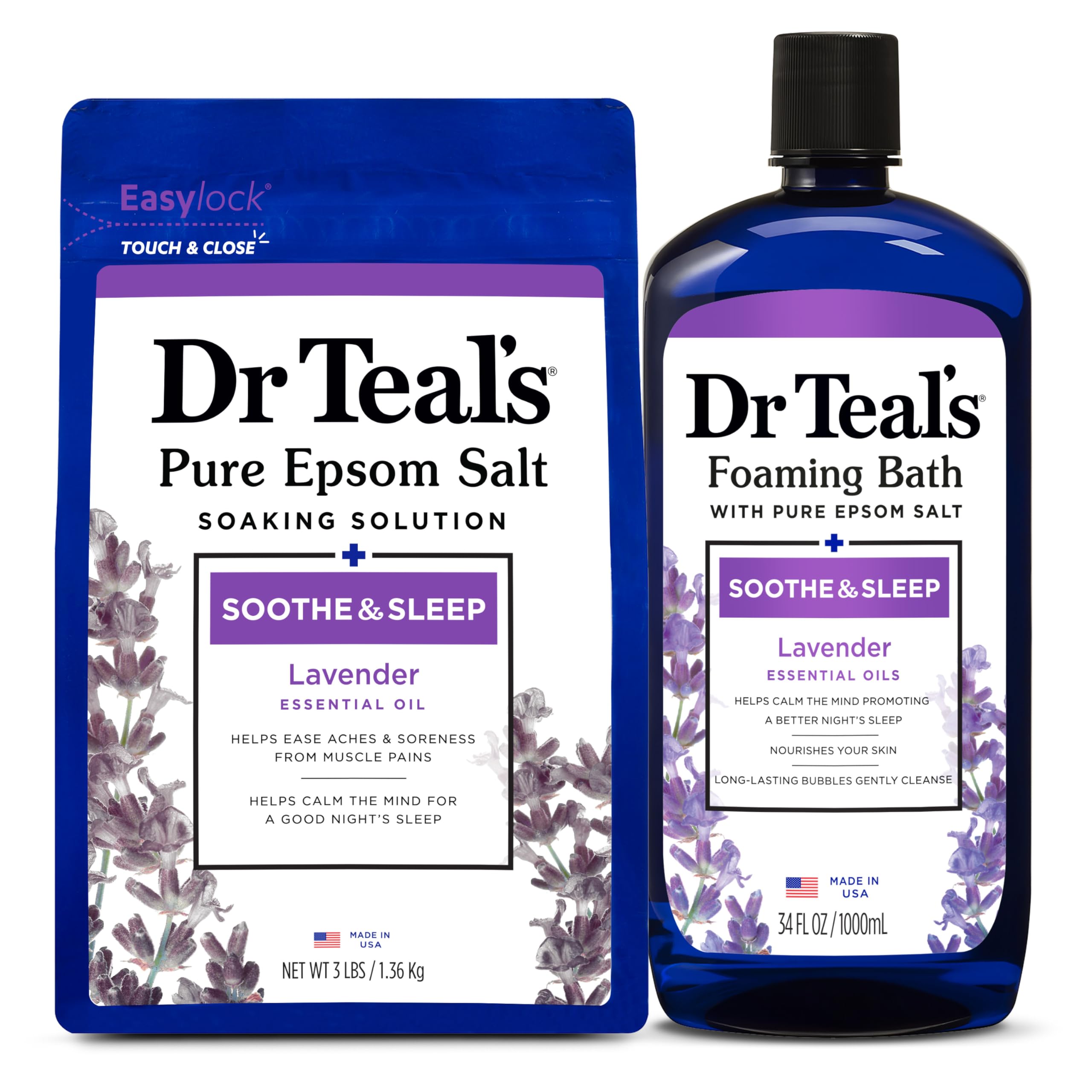 Dr Teal's Pure Epsom Magnesium Salt Soak and Foaming Bath, Soothe & Sleep with Lavender Essential Oils, Duo Pack