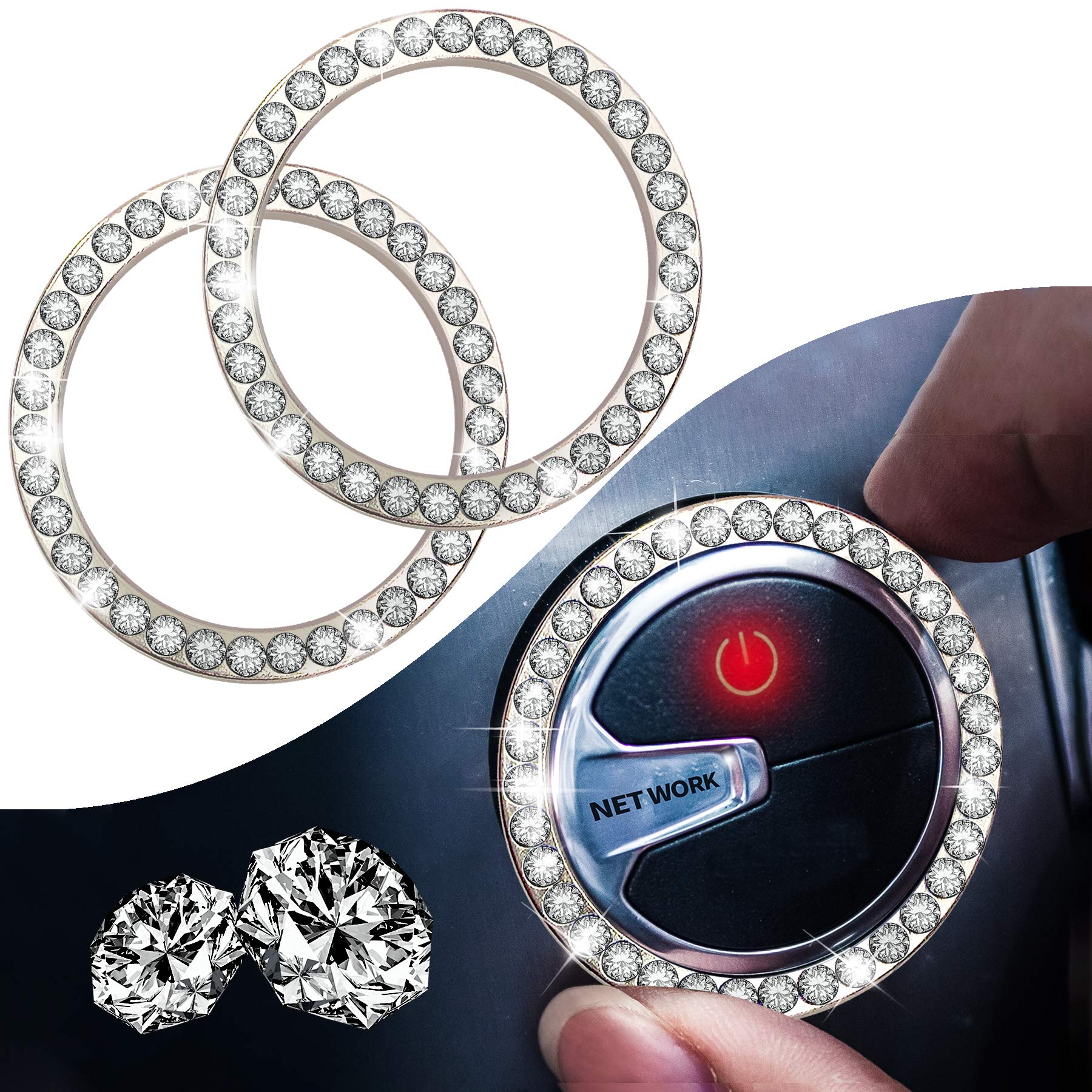 Crystal Rhinestone Car Engine Start Stop Decoration Ring,Dermasy 2PCS Push to Start Button Key Ignition and Knob Bling Crystal Rhinestone Ring Special Bling car Accessories for Women (Silver)