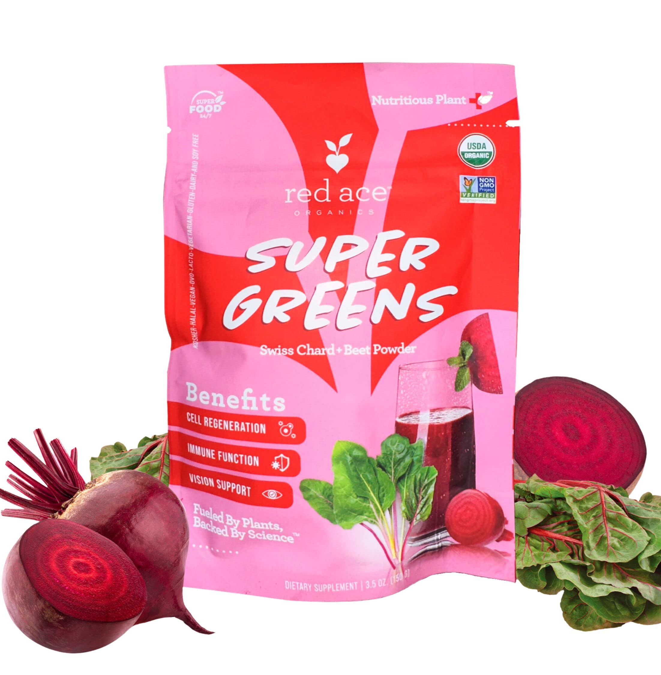 Red AceSwiss Chard & Beet Powder, Gluten Free, Vegan, Organic Pre Workout, Supplement for Men & Women, Energy Boost Supplements, Nitric Oxide Booster, Superfood Greens, Health & Wellness, 5.3oz