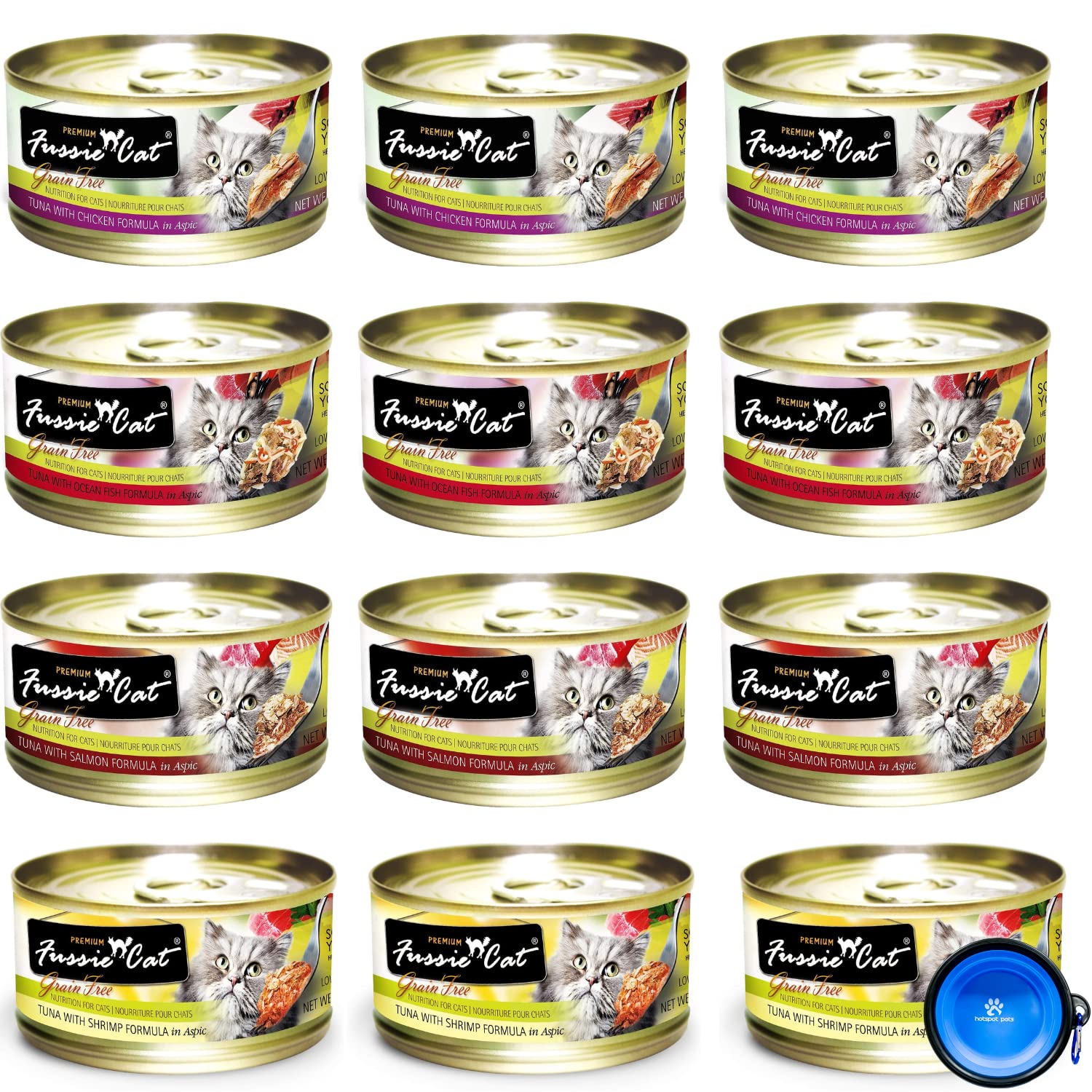 Fussie CatPremium Canned Grain Free Cat Wet Food - Variety 4 Flavors Pack Food Bowl (12 Cans) (Tuna & Ocean Fish- Tuna & Salmon - Tuna & Shrimp - Tuna & Chicken) (2.82 Oz)