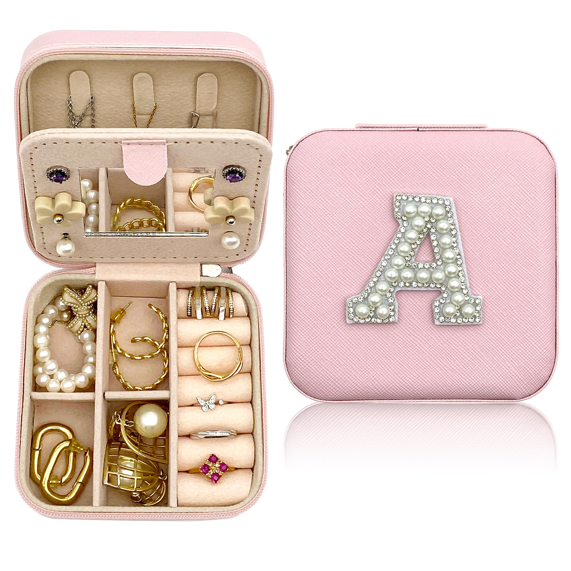 Travel Jewelry Case For Women | Pearls Initial Letter Patches Jewelry Box | Small Travel Jewelry Box Organizer With Mirror | Teen Girl Gifts Trendy Stuff