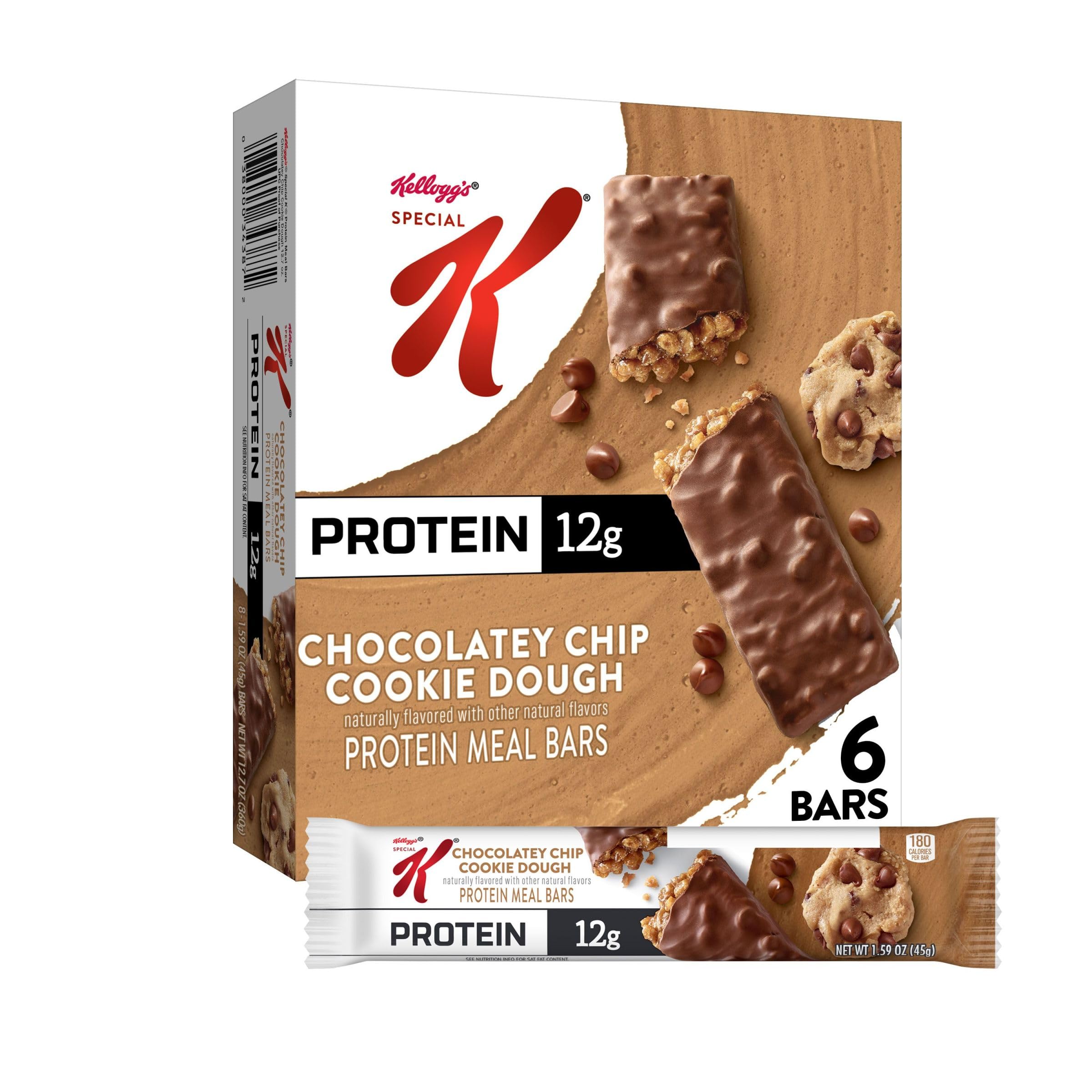 Kellogg's Special K Protein Meal Bars, Meal Replacement, Protein Snacks, Chocolatey Chip Cookie Dough, 9.5oz Box (6 Bars)