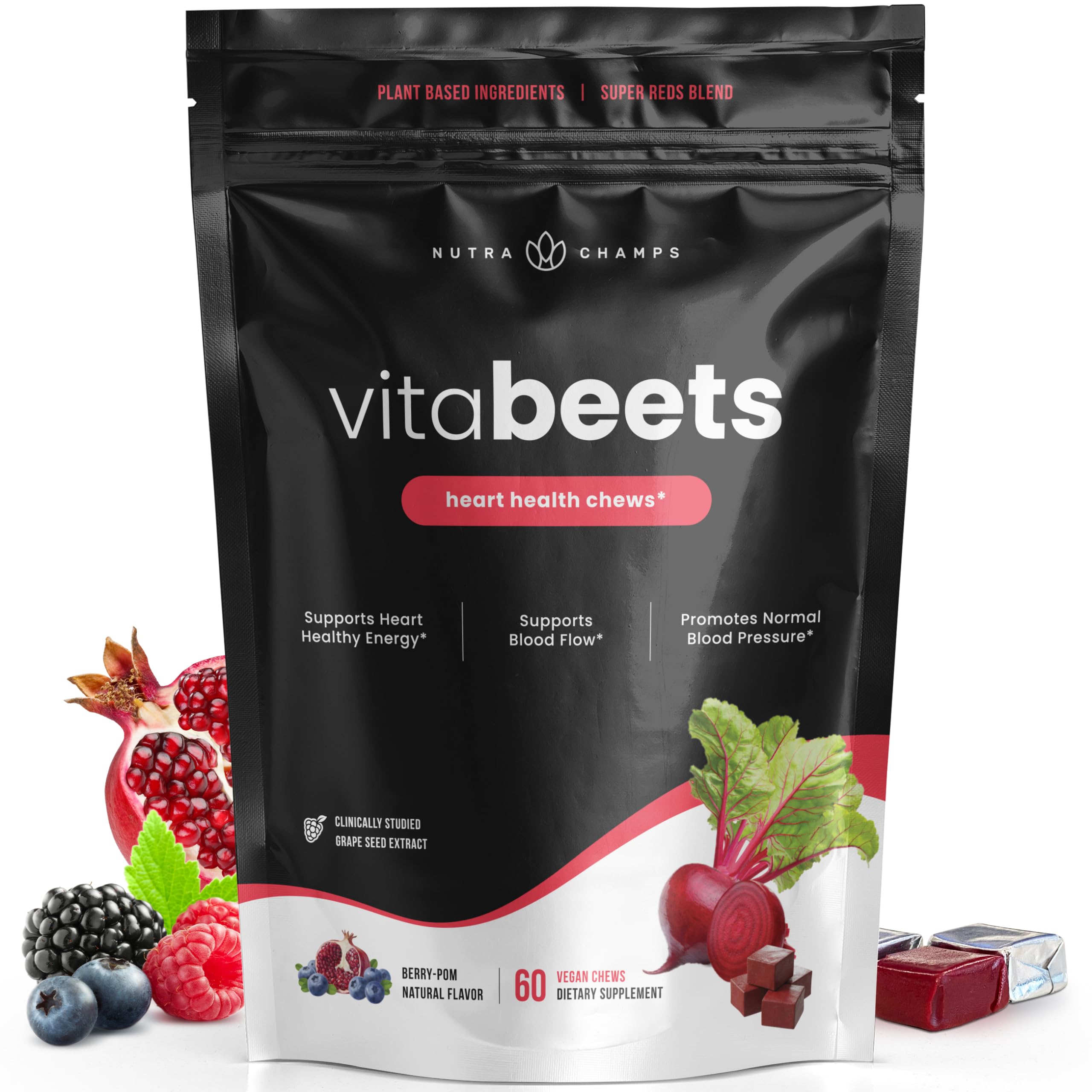 NutraChampsVitaBeets Beet Chews - Beet Root Chewables with Grape Seed Extract & Super Reds - Beet Root Gummies Alternative - 60 Vegan Soft Chews