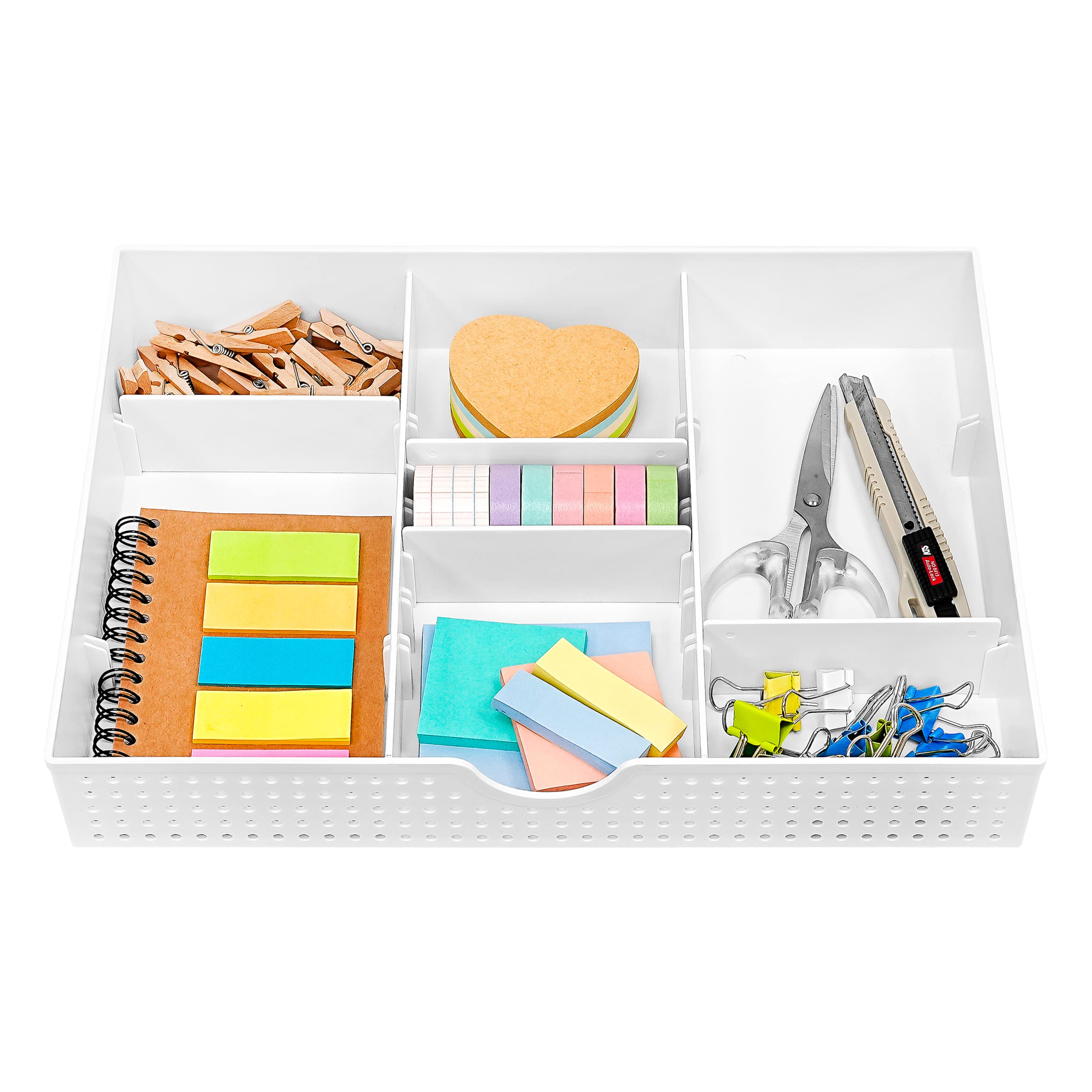 CAXXA 3 Slot Drawer Organizer with 4 Adjustable Dividers - Drawer Storage 7 Compartments Junk Drawer Organizer for Office Desk Supplies and Accessories, White