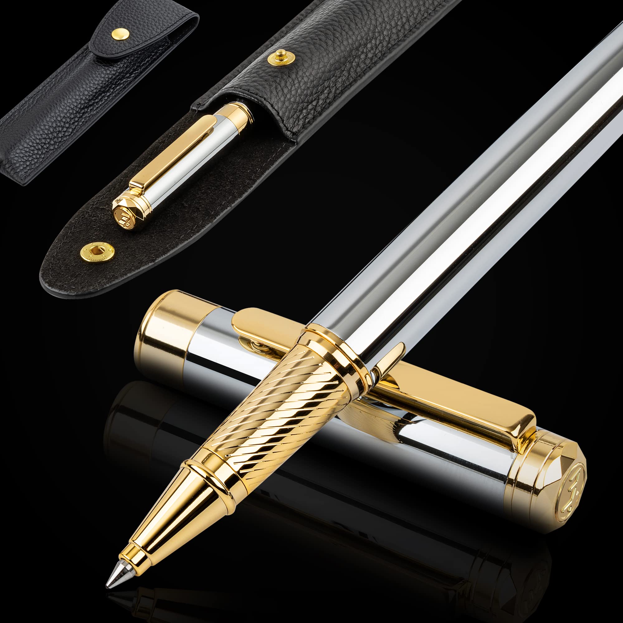 ELIZO Luxury Pen Fancy Pens Real 24K Gold Plated Trim Leather Pen Case Chrome Silver Nice Pen Gift Set Rollerball Cool Pens Best Pens Schmidt Ink EDC Pen Executive Smooth Writing Pens for Men Women