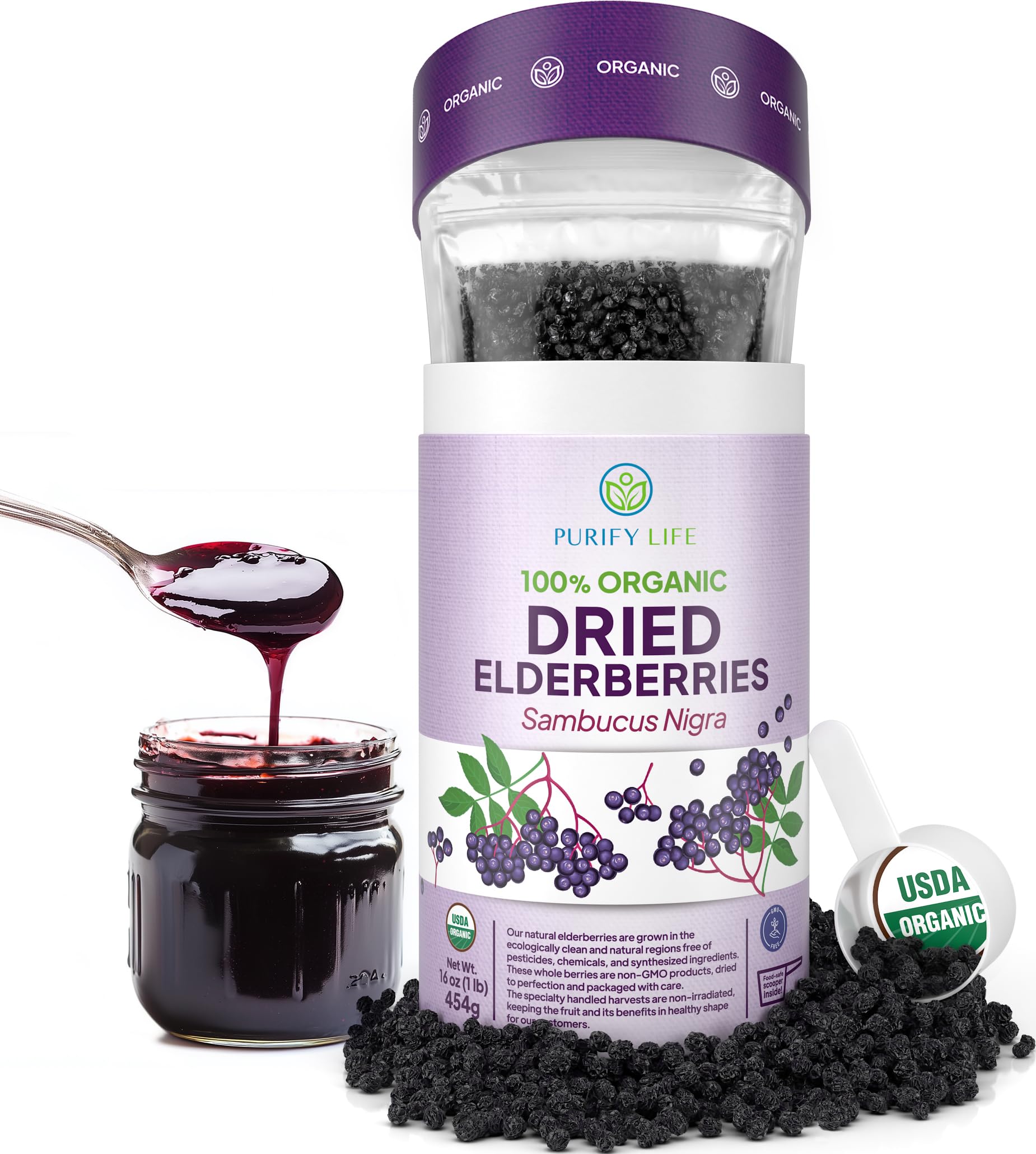 USDA Organic Dried Elderberries 1lb Bulk (Safest Packaging, Resealable Bag, BPA-Free Scoop) Natural, non-irradiated, Raw Whole Black Elderberry, Immune Support, Make Sambucus Elderberry Syrup, 1 Pound