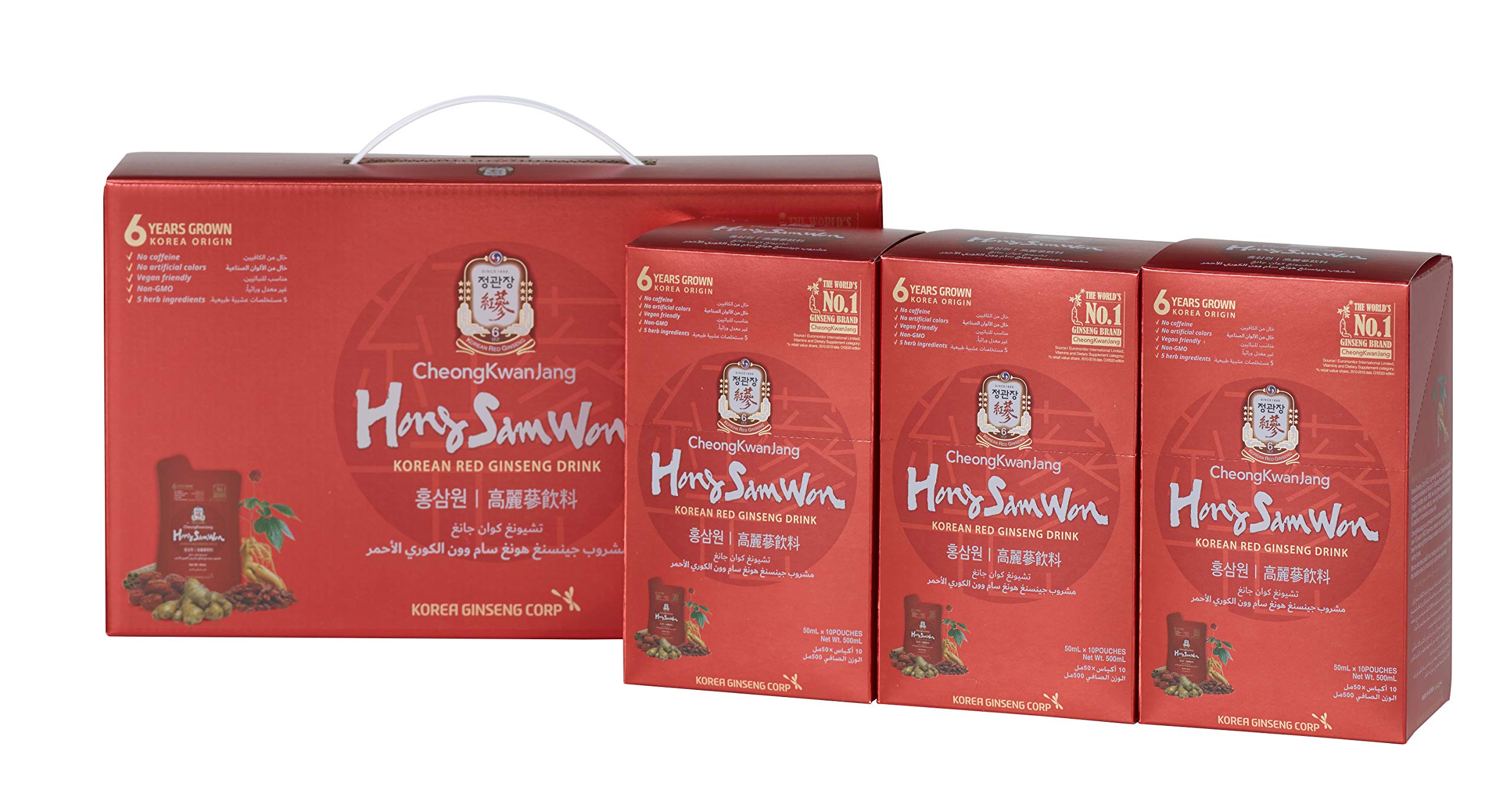 CheongKwanJang[Hong Sam Won] | Korean Red Ginseng Drink | Set of 3 boxes |10 Pouches per box | 1500ml,|Caffeine | Free Energizing Wellness Drink|