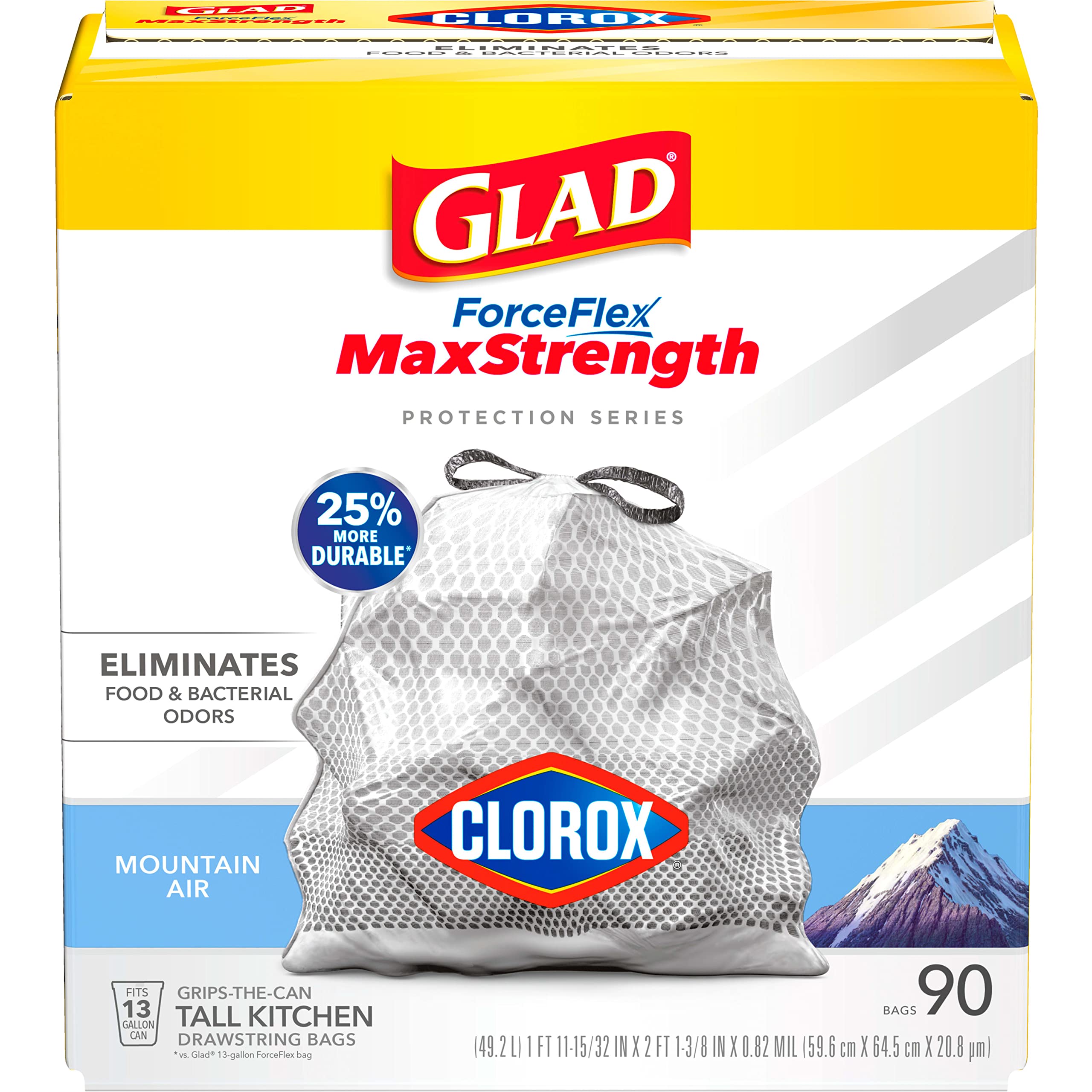 Glad ForceFlex MaxStrength with Clorox Trash Bags, 13 Gal, Mountain Air, 90 Ct, Pack May Vary