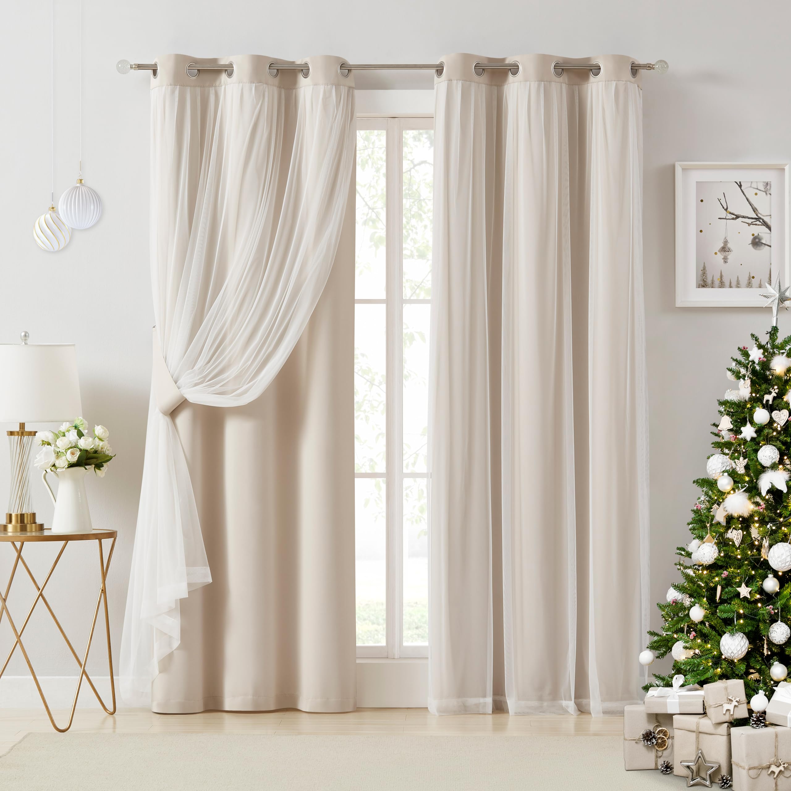 Bujasso Beige 90% Blackout Curtains with Sheer Overlay Mix and Match Double Layer Thermal Insulated Window Panels 84 inch for Living Room Bedroom Beige Drapes with Tiebacks Grommet Top 37" Wx84 Lx2