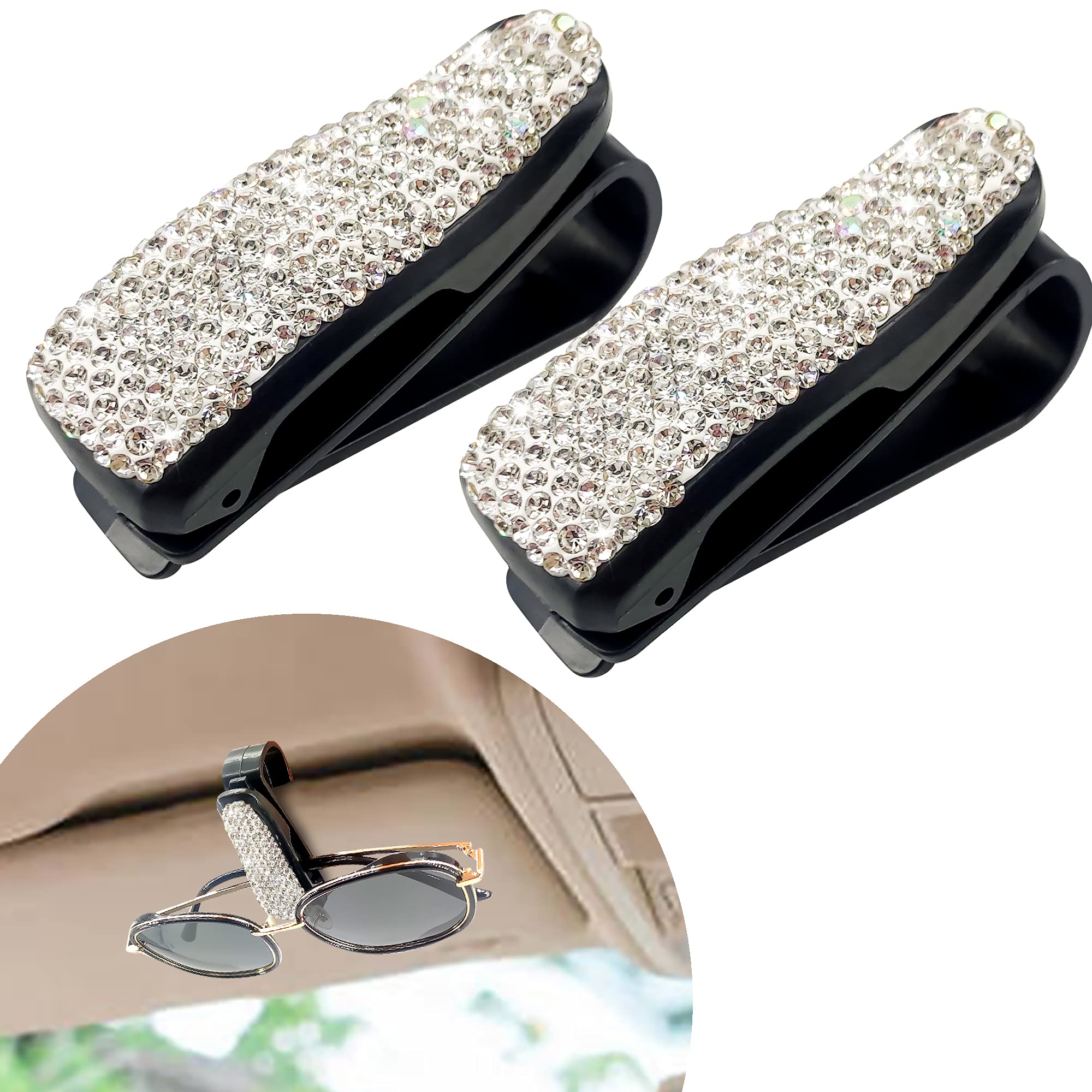 Glasses Holders for Car Sun Visor,Dermasy 2 Pack Bling Crystal Rhinestones Eyeglasses Sunglasses Hanger Mount Universal Car Accessories with Ticket Card Clip for Women Ladies Girls (White)