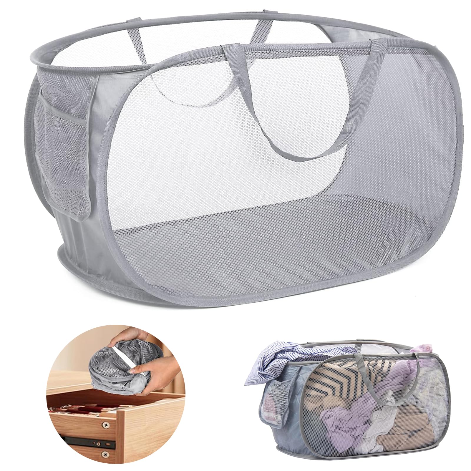 Pop Up Hamper Mesh Collapsible Laundry Baskets with Side Pocket Foldable Laundry Hamper with Handles Lightweight Dirty Clothes Basket for Dorm Bathroom Travel