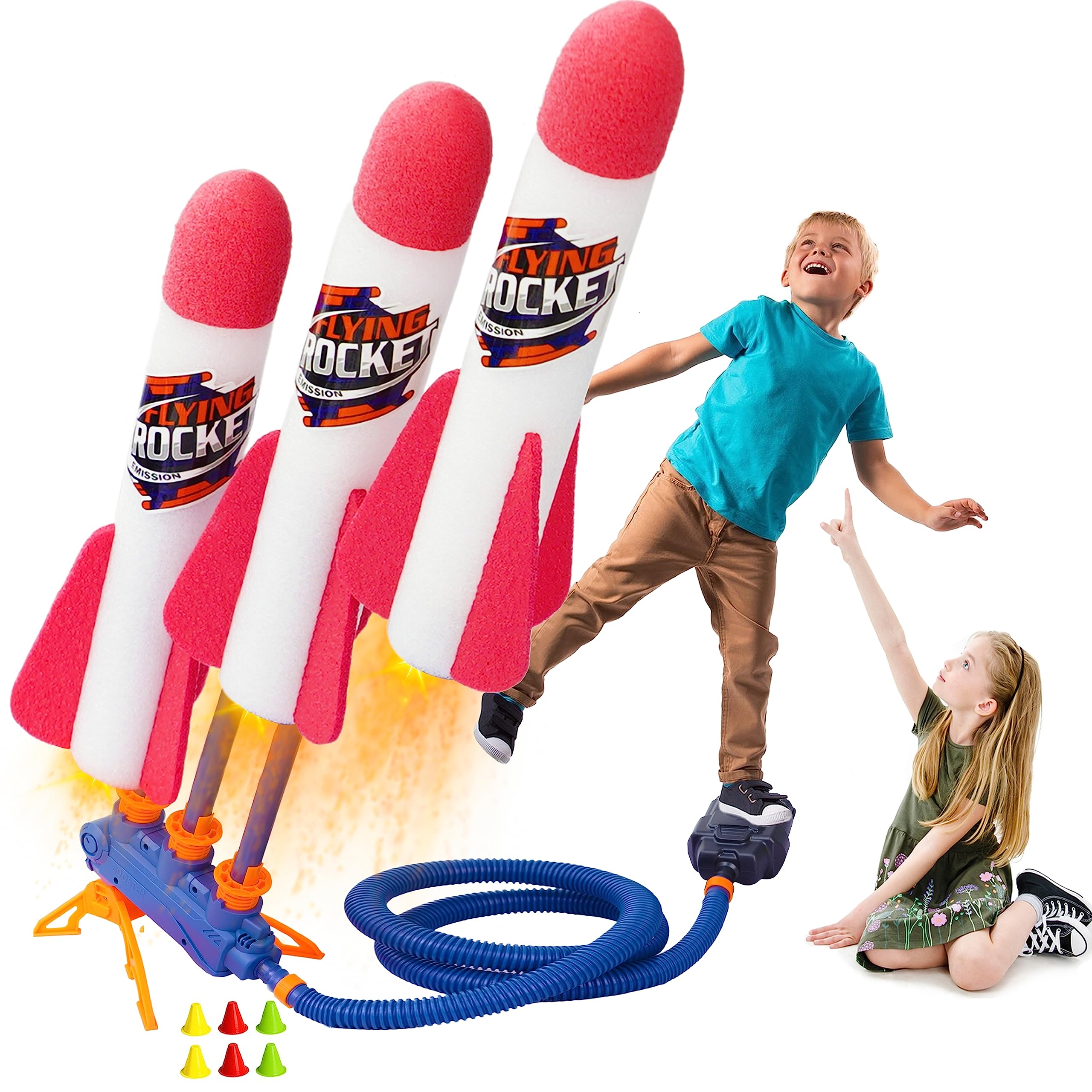 GRAFLO Rocket Launcher for Kids, Soars Very High, 6 High Flying Air Rockets, 6 Cones & Adjustable Launcher - 2 in 1 Toy for Kids, Fun Outdoor Toys and Gift for Boys or Girls, 3 Years+