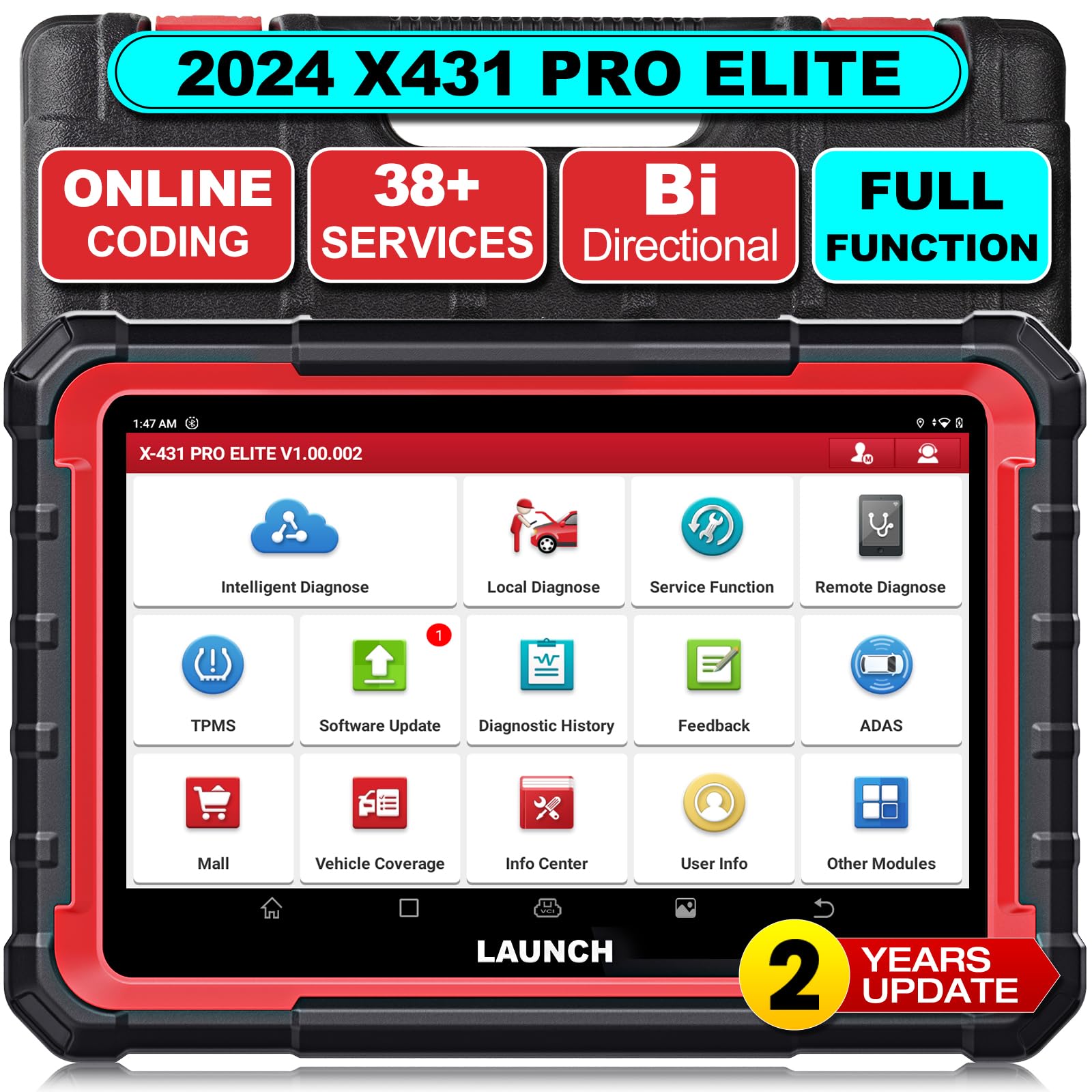 LAUNCHX431 PRO Elite [2025 New Model] Fully Functional Bidirectional Scanner with CANFD&DOIP,ECU Coding,38+ Resets,FCA AutoAuth,Full System Scanner for All Cars,2-Year Update