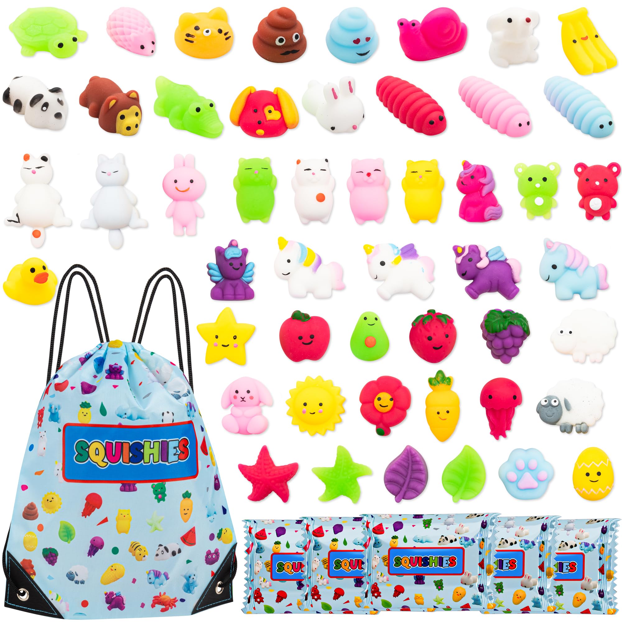 50 Pack Unique Mochi Squishy Toys: Individually Wrapped Party Bag Fillers for Kids (Girls & Boys) with Complimentary Backpack