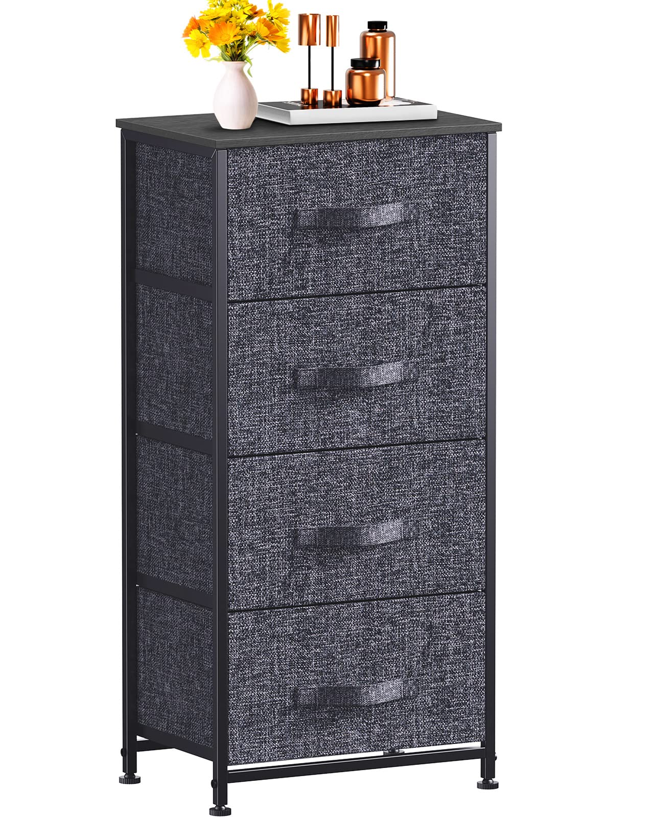 Pipishell Dresser with 4 Drawers, Tall Storage Tower with Sturdy Steel Frame Wood Top，Fabric Dresser Organizer Unit for Bedroom, Hallway, Entryway, Closets, Nursery Room Black