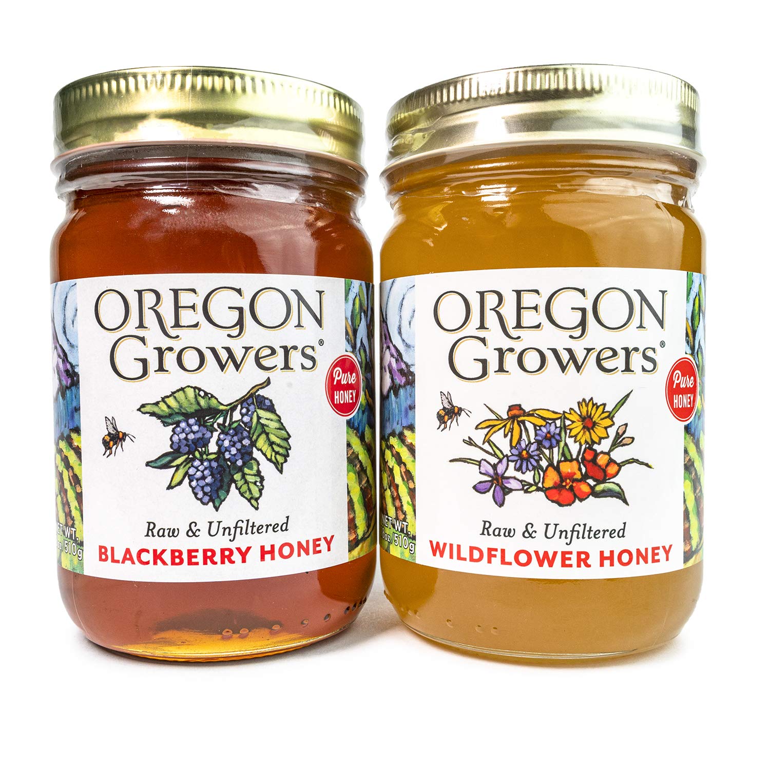 Oregon Growers Honey Duo - Wildflower Honey & Blackberry Honey Variety Pack, Raw Honey Organic Unfiltered, Flower Honey, Raw Wildflower Honey, All-Natural, Non-GMO, Sugar-Free Honey - 18 Oz (2 Pack)