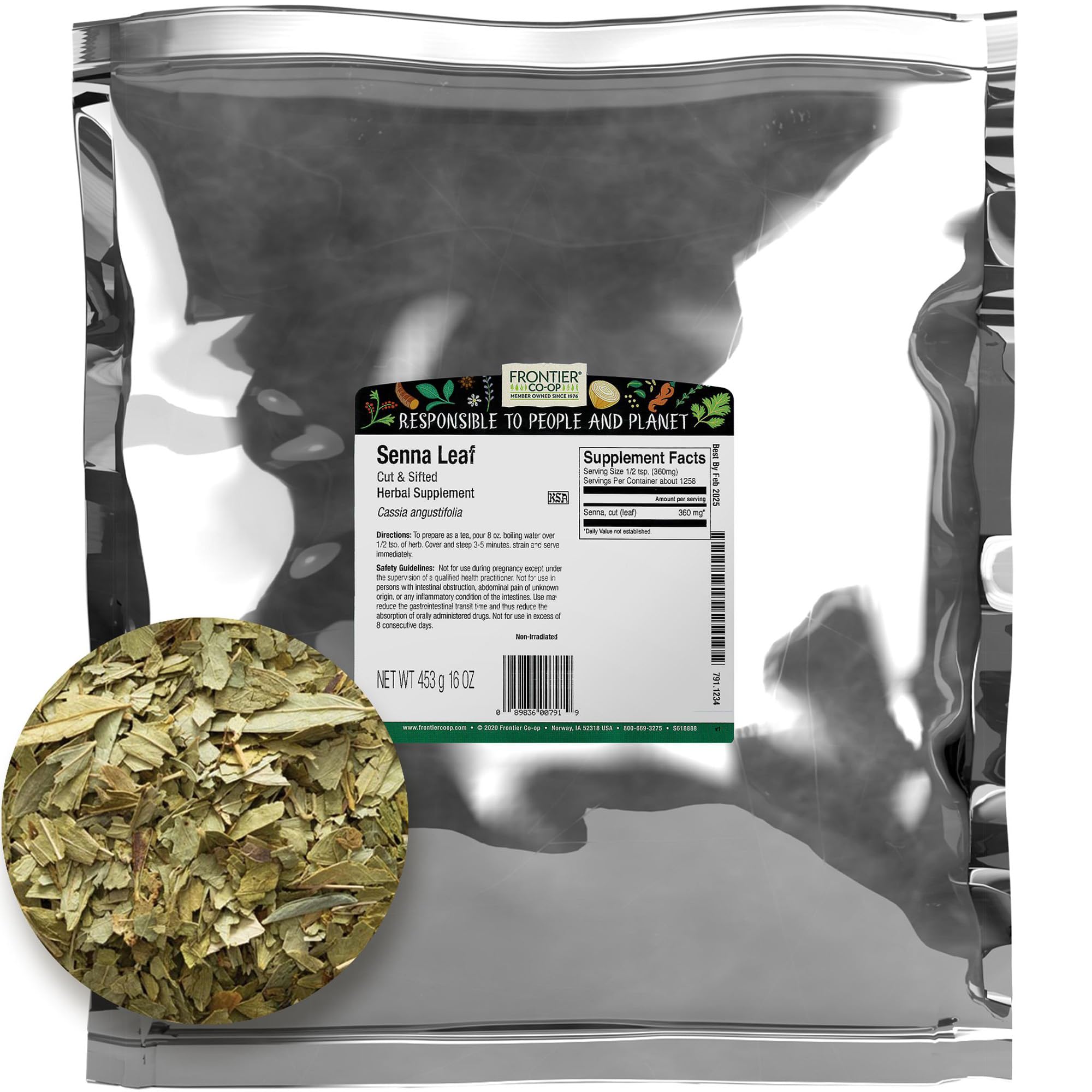 Frontier Co-op Senna Leaf, Cut & Sifted, 1lb Bulk Bag - 100% Pure & Natural Senna Leaves - Perfect for Senna Leaf Tea and Herbal Use, Kosher Certified