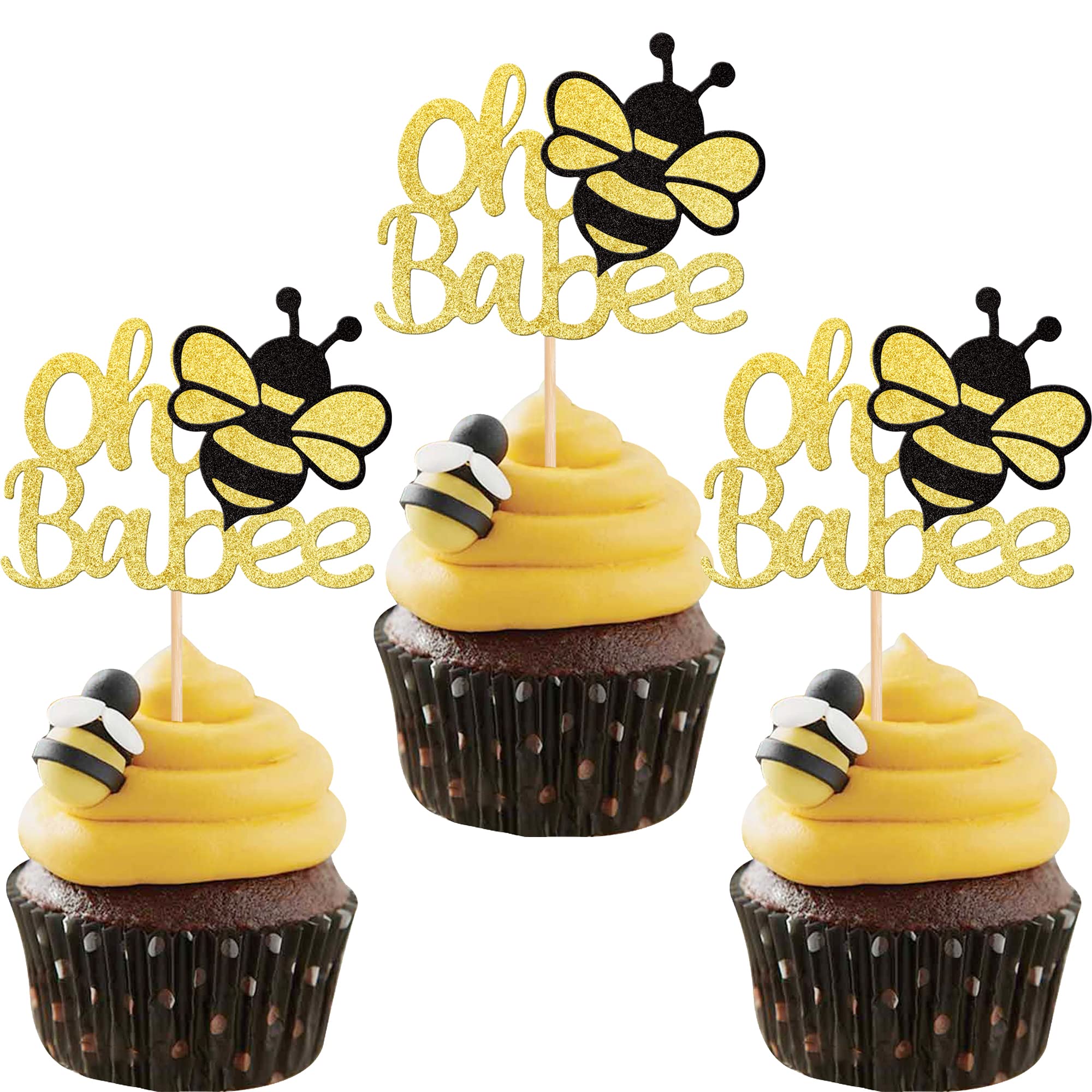 24 PCS Oh Babee Cupcake Toppers Glitter Bumble Bee Cupcake Picks Oh Baby Cake Decoration for Bee Theme Baby Shower Kids Birthday Party Decorations Supplies Gold