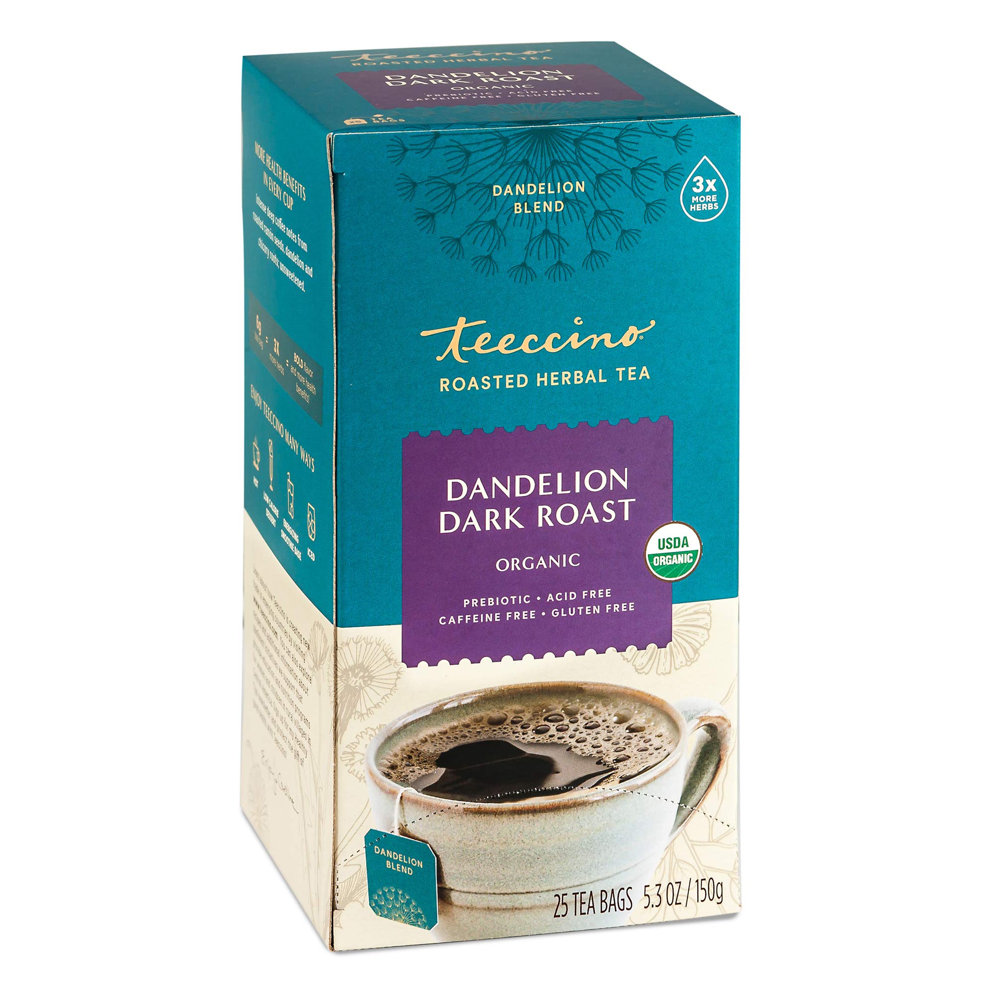 Teeccino Dandelion Herbal Tea - Dark Roast - Caffeine Free, Prebiotic, Gluten Free, 3x More Herbs - 25 Tea Bags