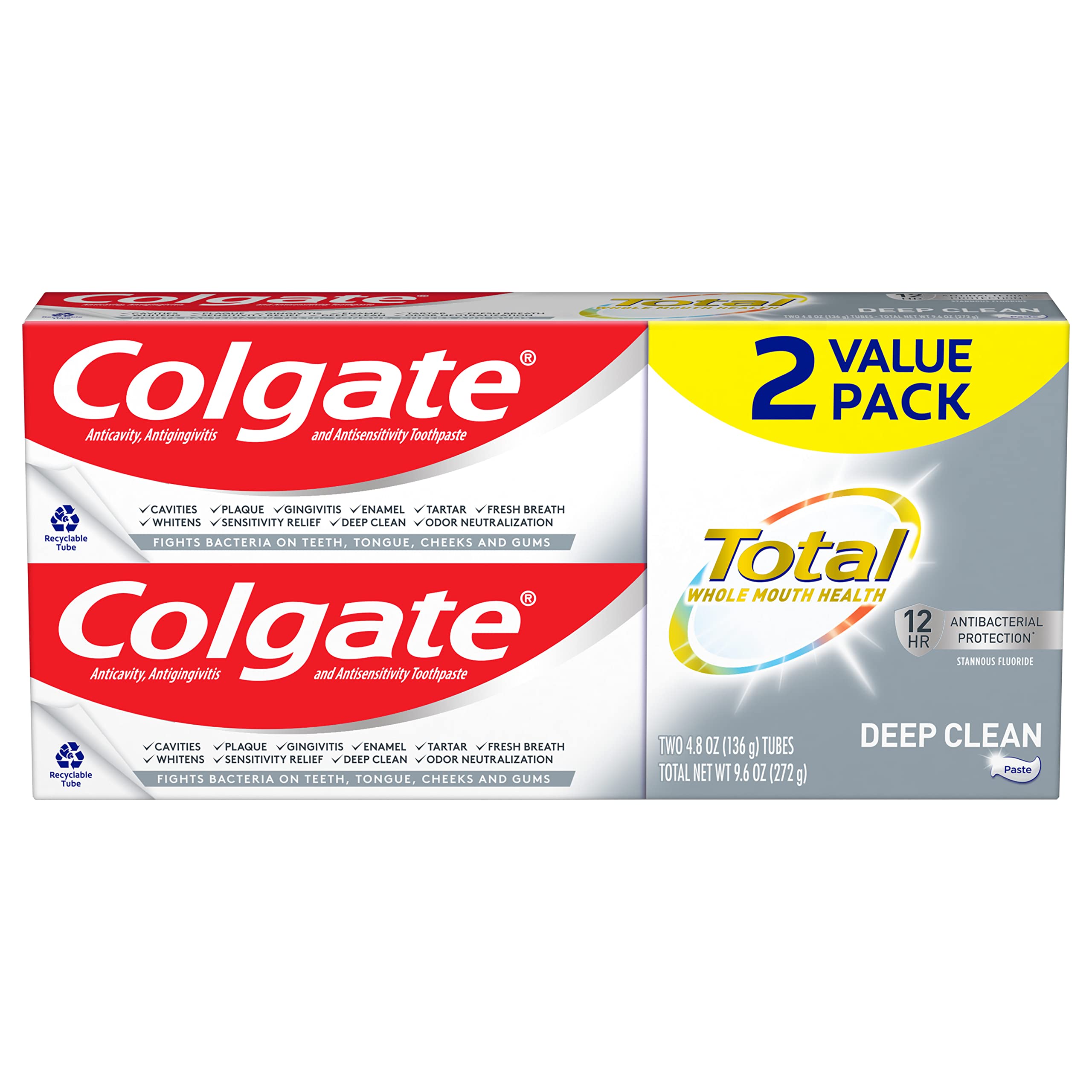 ColgateTotal Toothpaste with Stannous Fluoride and Zinc, Multi Benefit Toothpaste with Sensitivity Relief and Cavity Protection, Deep Clean - 4.8 Ounce (Pack of 2)