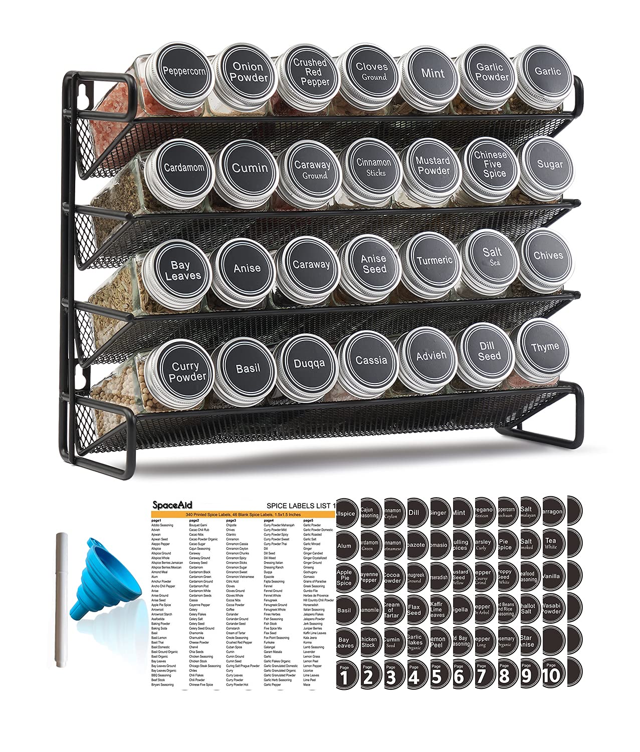 SpaceAid Spice Rack Organizer with 28 Spice Jars, 386 Spice Labels, Chalk Marker and Funnel Set for Cabinet, Countertop, Pantry, Cupboard or Door & Wall Mount - 28 Jars, 13.4" W × 10.8" H, Black