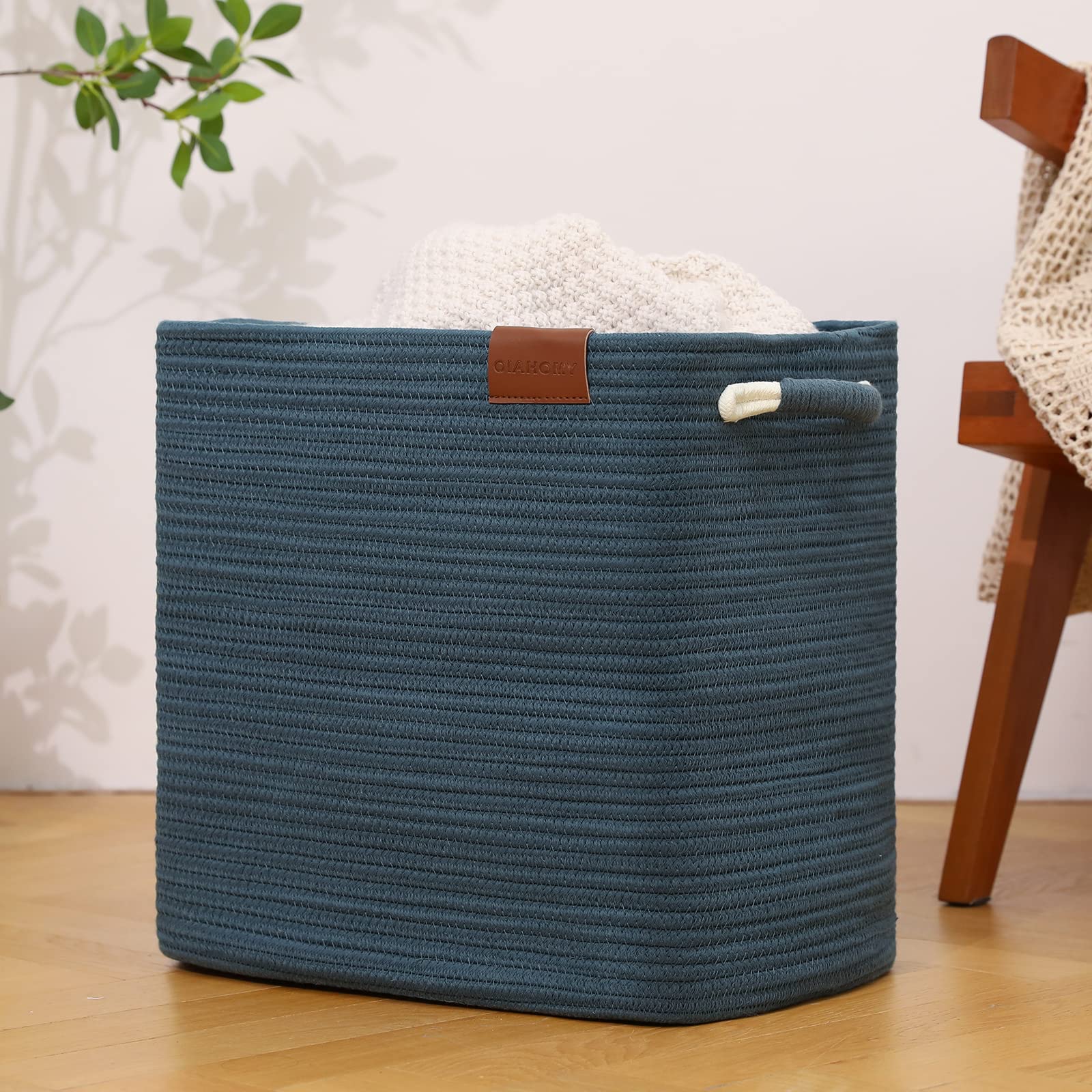 OIAHOMYWoven Storage Basket, Wicker Basket for Storage, Decorative Basket, Wicker laundry basket for Organizing, Rectangular Storage Bin, 16.5’’x11.8’’x15’’ Blanket Basket for Living Room, Blue