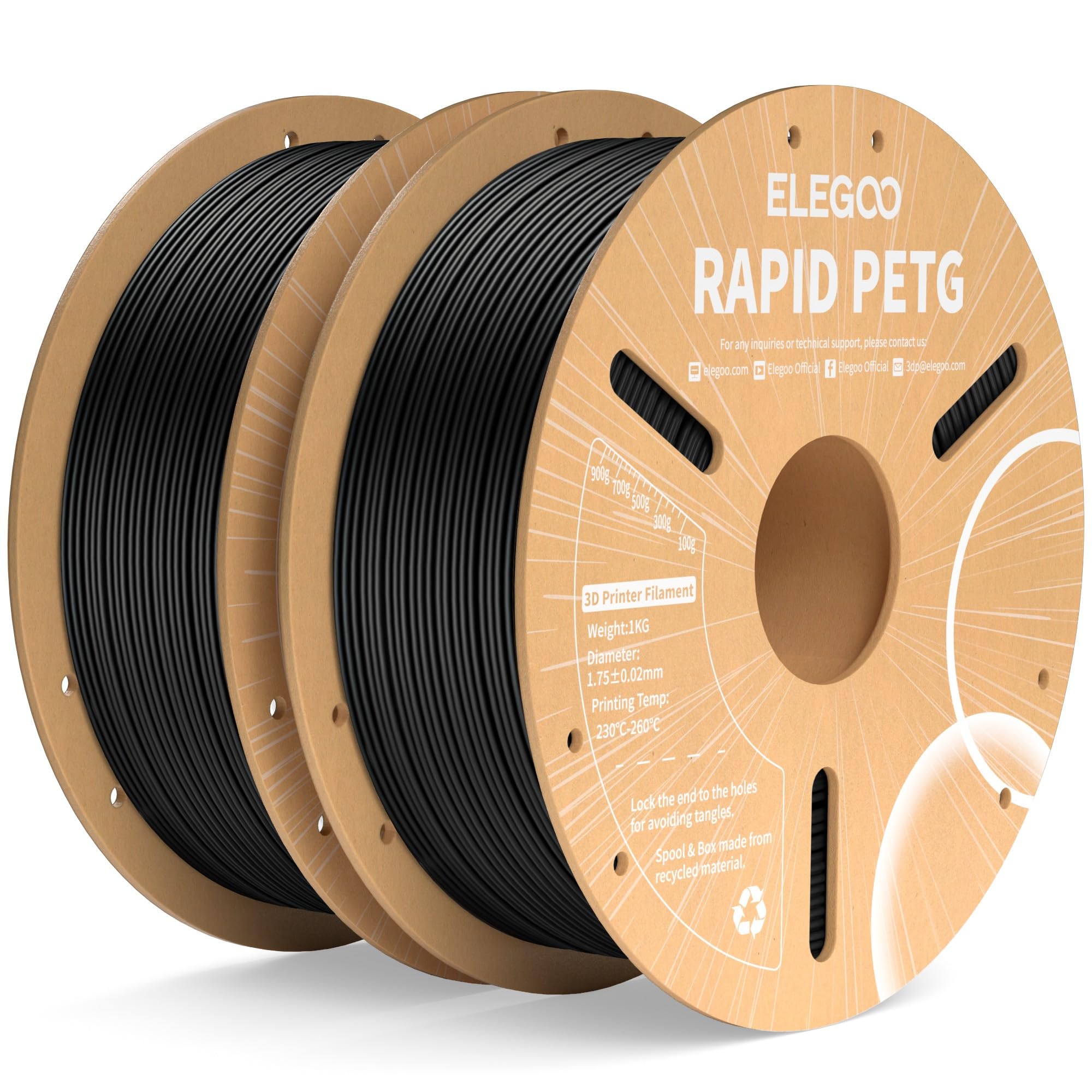 ELEGOORapid PETG Filament 1.75mm Black 2KG, High Speed 30-600mm/s 3D Printer Filament Dimensional Accuracy +/- 0.02 mm, 1kg Cardboard Spool(2.2lbs) Fits for Most FDM 3D Printers