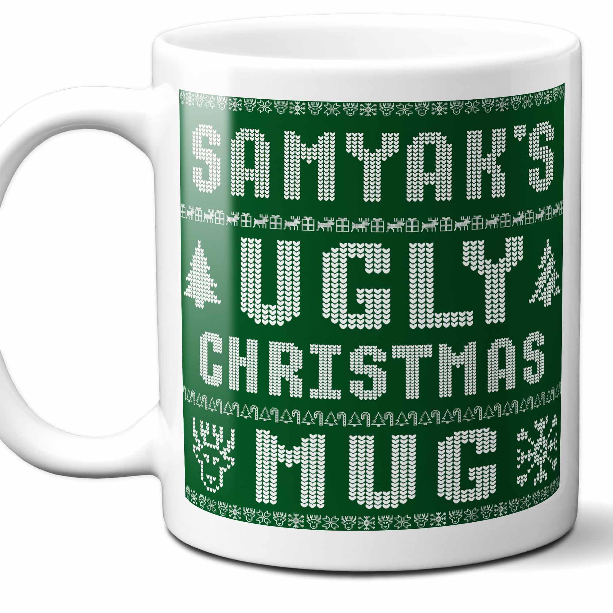 Samyak Name Christmas Gift. Personalized Ugly Christmas Sweater Coffee Mug. Funny Custom Xmas Gift, Stocking Stuffer For Friends, Coworkers And Person Who Has Everything. 11 Ounces.