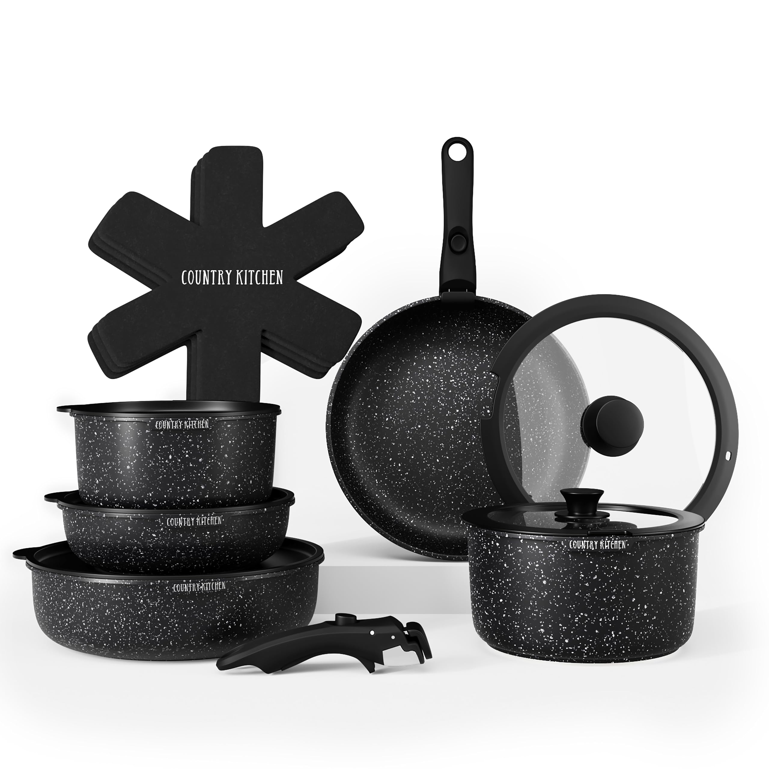 Country KitchenCookware Set with Removable Handle, Oven & RV Safe Pots and Pans Set, Black, Original