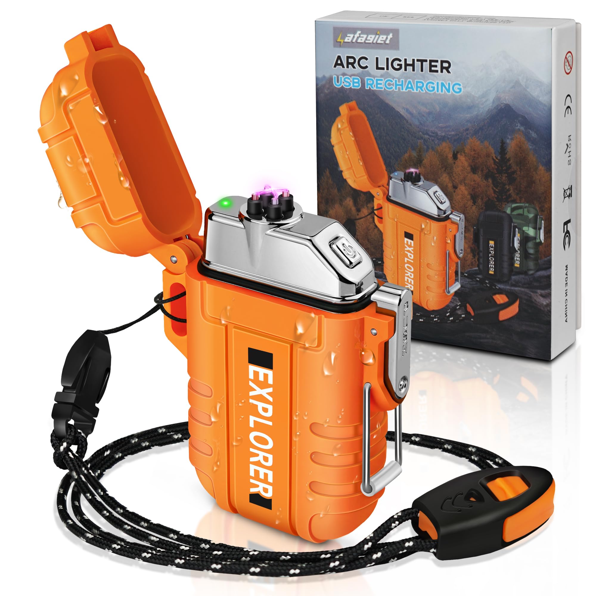 lafagietWaterproof Arc Lighter, Outdoor Dual Plasma Arc Lighter, USB Rechargeable Flameless Electric Lighters for Camping, Hiking, Survival Tactical (F13-Orange)