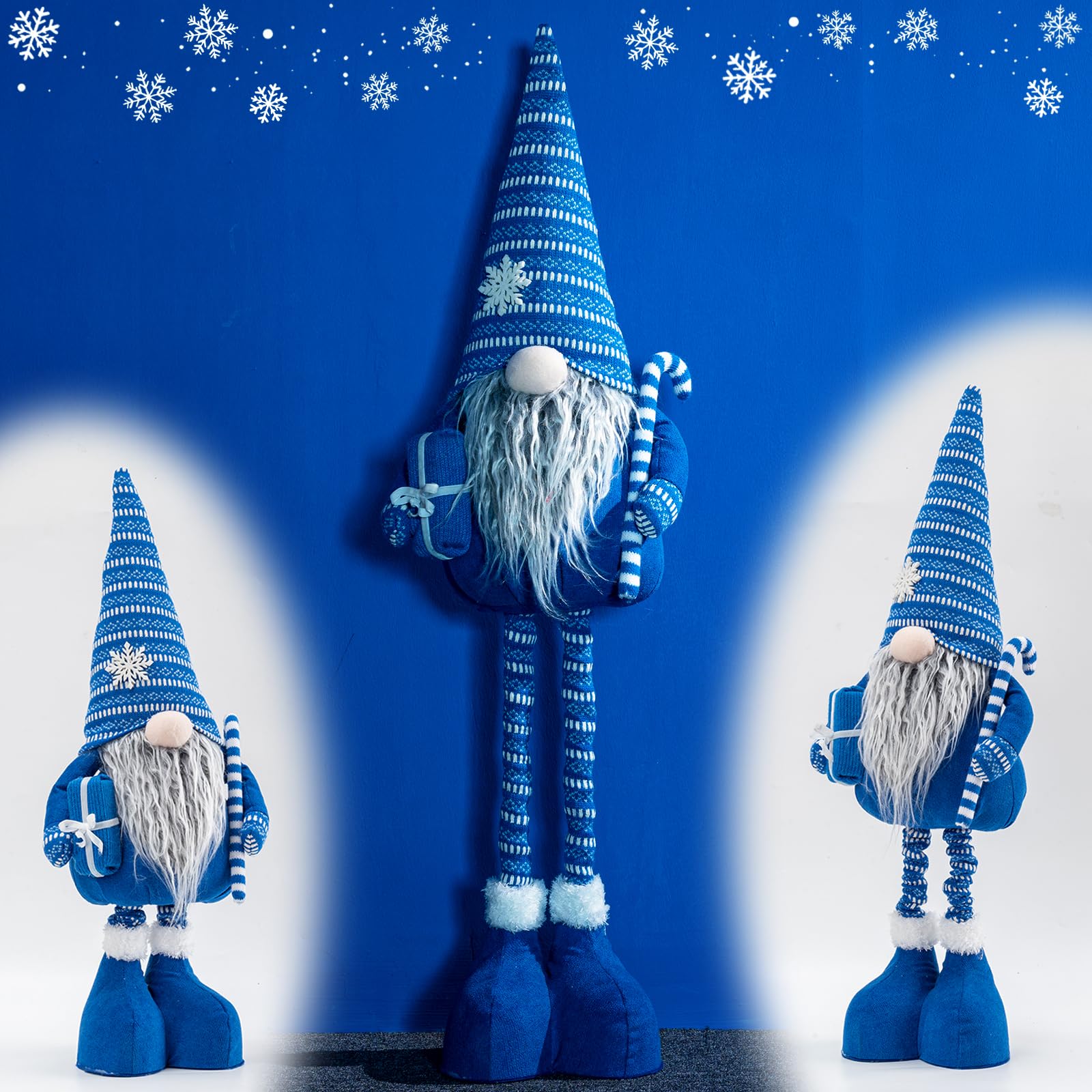 unanscre Large Blue Christmas Gnome Plush Elf Decoration - Standing Xmas Gnome w/Retractable Spring Legs(25’’-35’’) Handmade Snowflake Hat Hold Candy Cane Gift Box Santa Doll for Home Decor Ornament