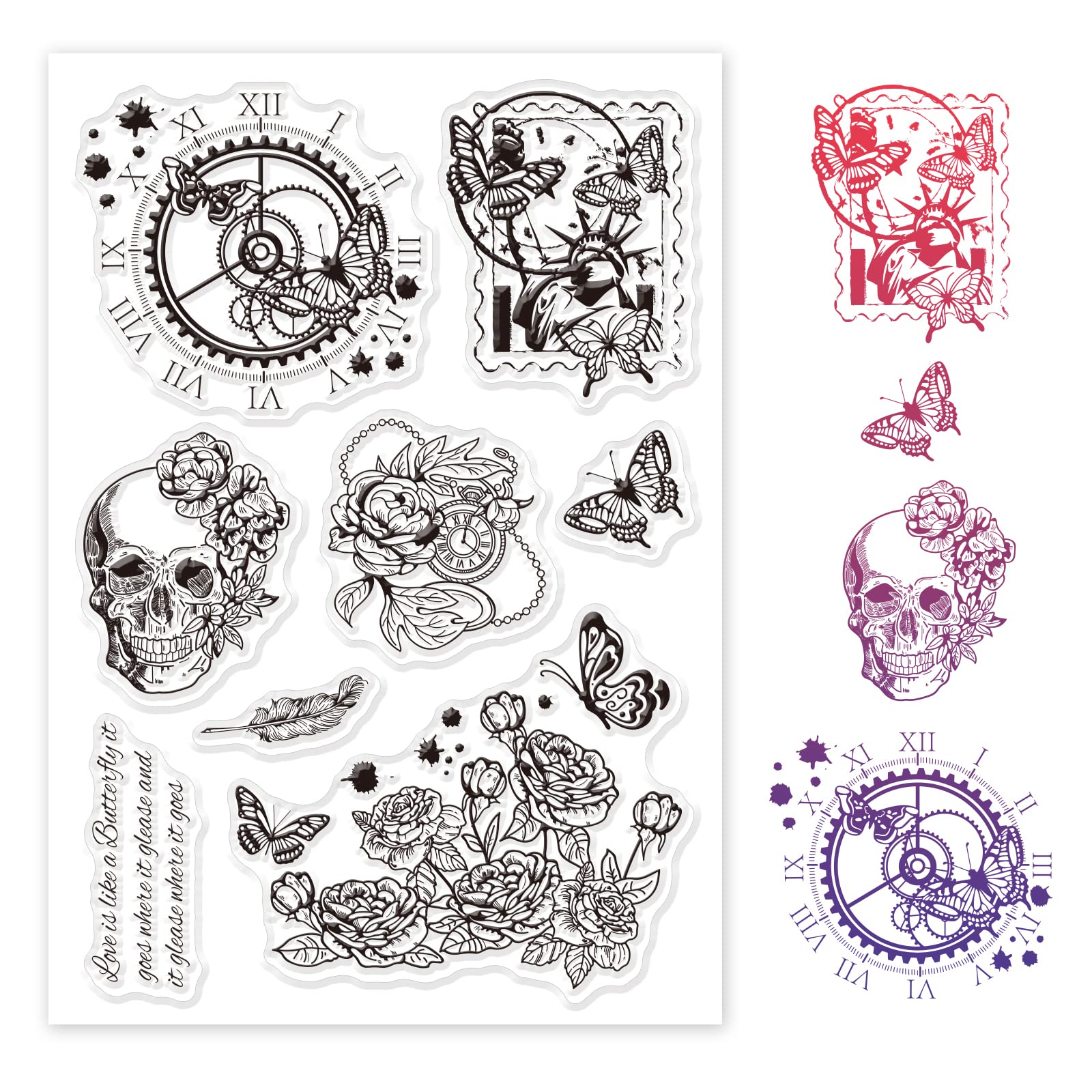 GLOBLELAND Gothic Style Clear Stamps Vintage Stamp Skull Clock Rose Butterfly Silicone Stamp Cards for Card Making Photo Album Decoration DIY Scrapbooking